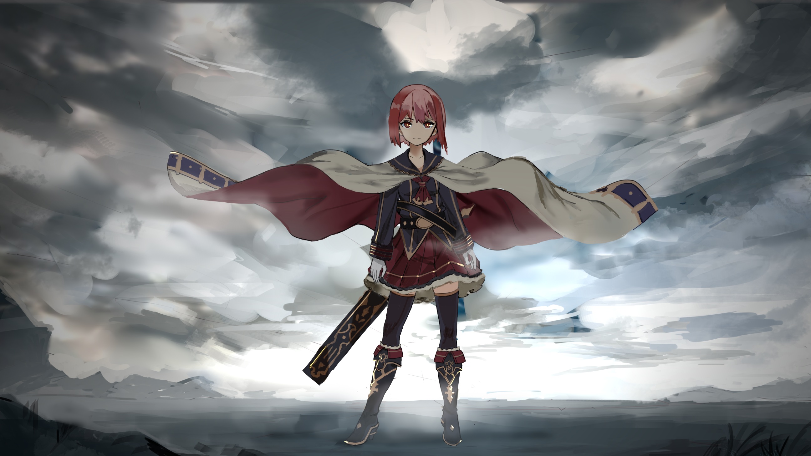 Z3 Max Schultz Kancolle Kantai Collection Short Hair Pink Hair Cape Pantyhose Boots Red Eyes Cloud S 2592x1458