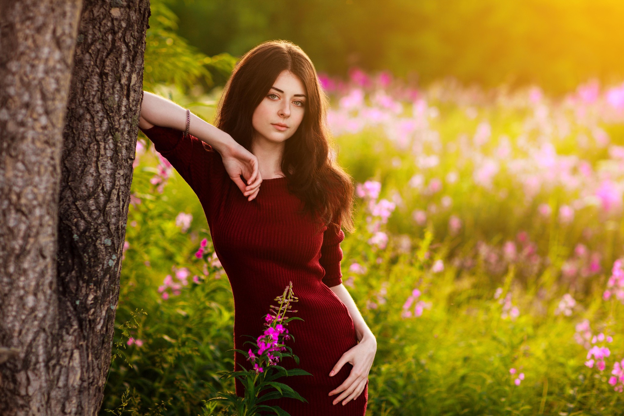 Aleksei Gilev Brunette Long Hair Women Outdoors Red Dress Hands On Hips Blue Eyes 2048x1365