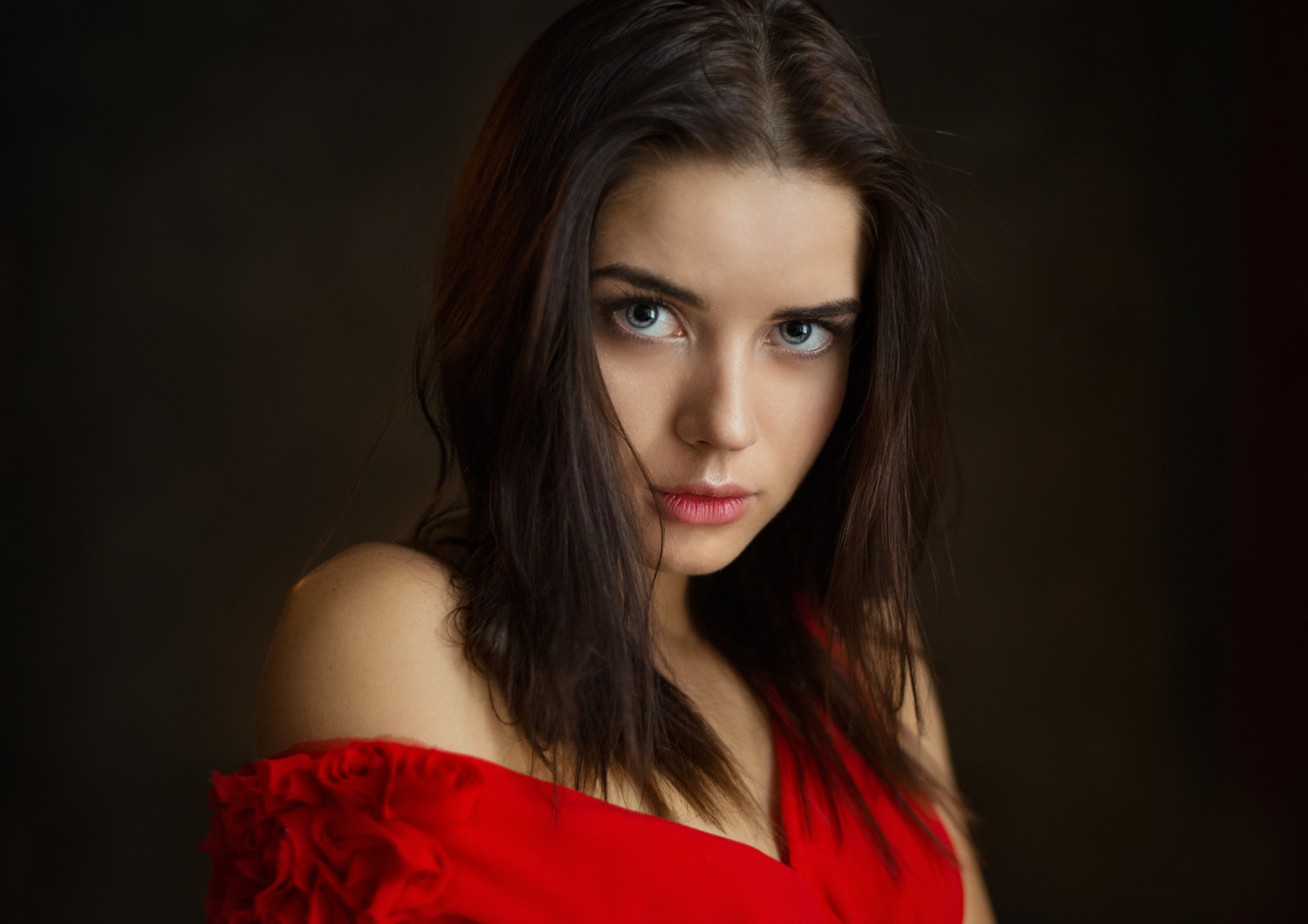 Women Maxim Maximov Portrait Bare Shoulders Brunette Blue Eyes Red Dress Looking At Viewer Dark 1343