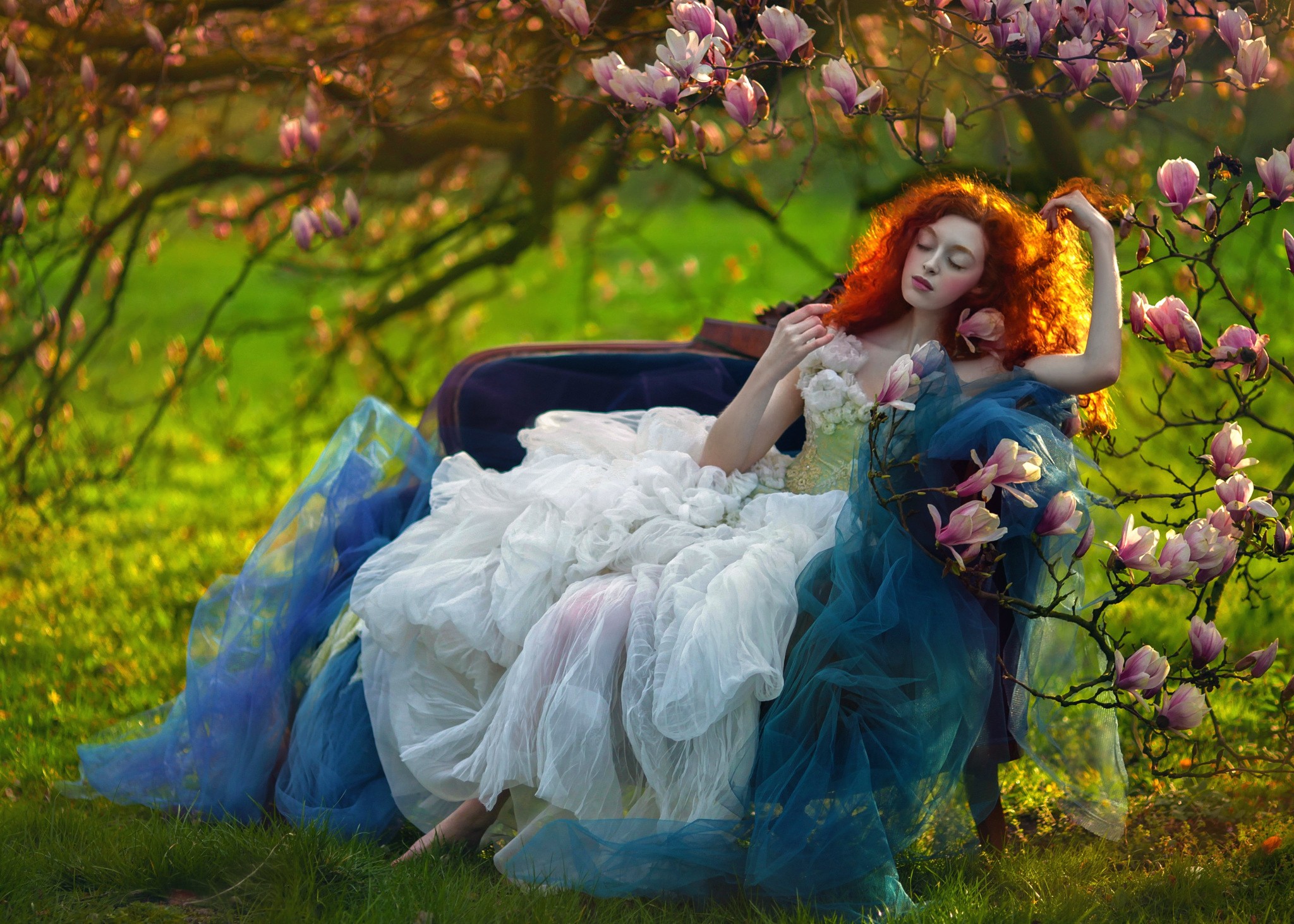 Fantasy Art Women Women Outdoors Model Redhead A M Lorek Flowers 2048x1463
