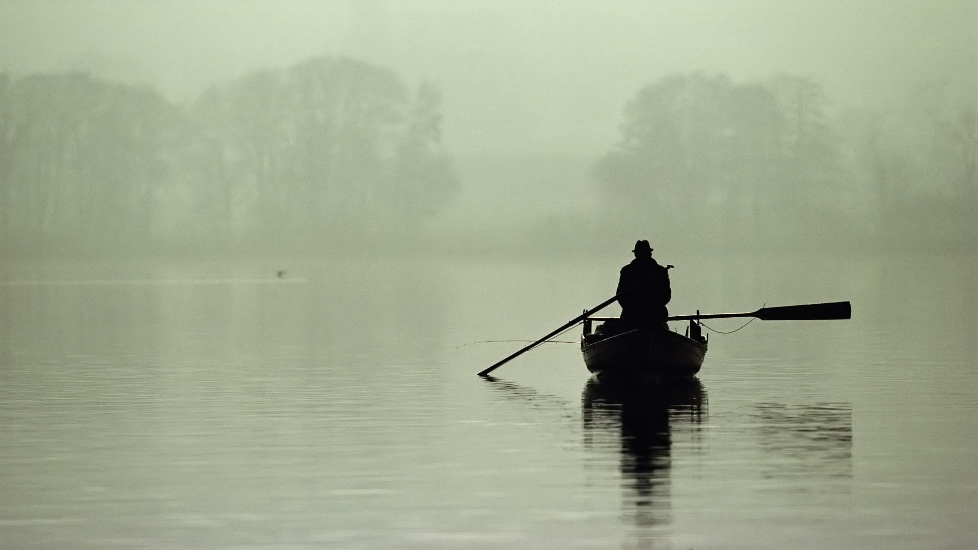 Boat Lake Mist Silhouette Solice 1920x1080