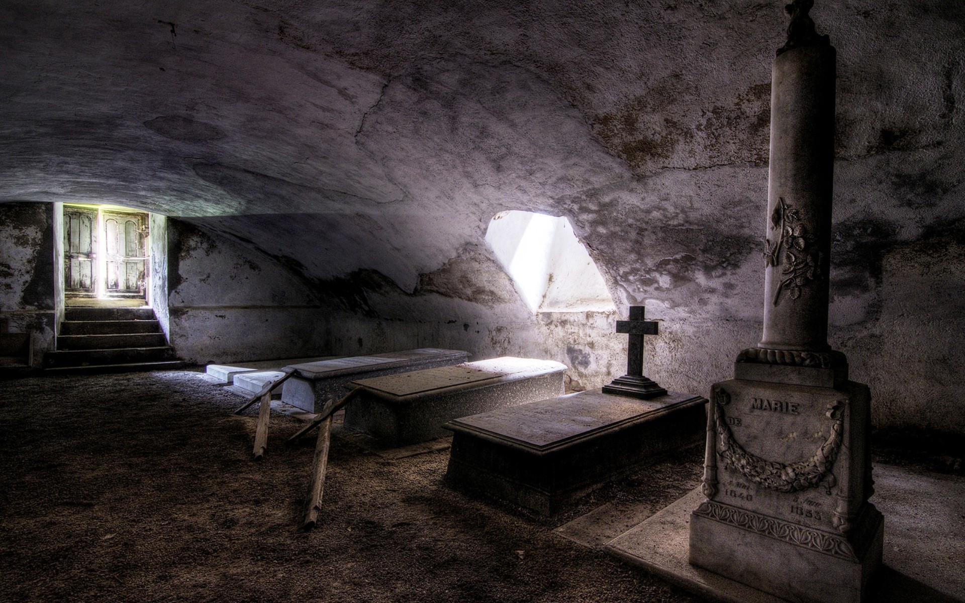 Interior Sunlight Tomb Grave Cross Abandoned Stones HDR Door Stairs Ancient Wall 1920x1200