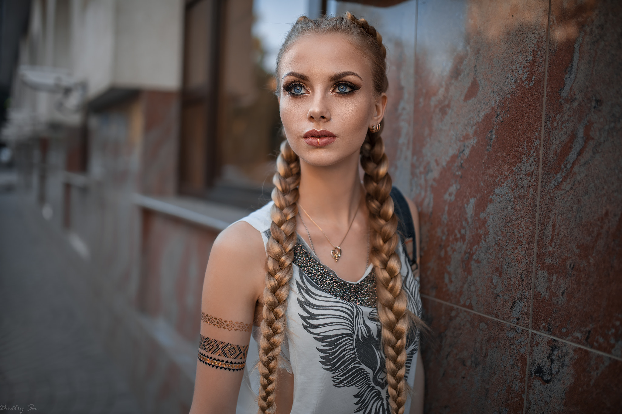 Women Blonde Portrait Pigtails Blue Eyes Long Hair Necklace Dmitry Sn Dmitry Shulgin Karina Tikhonov 2048x1365