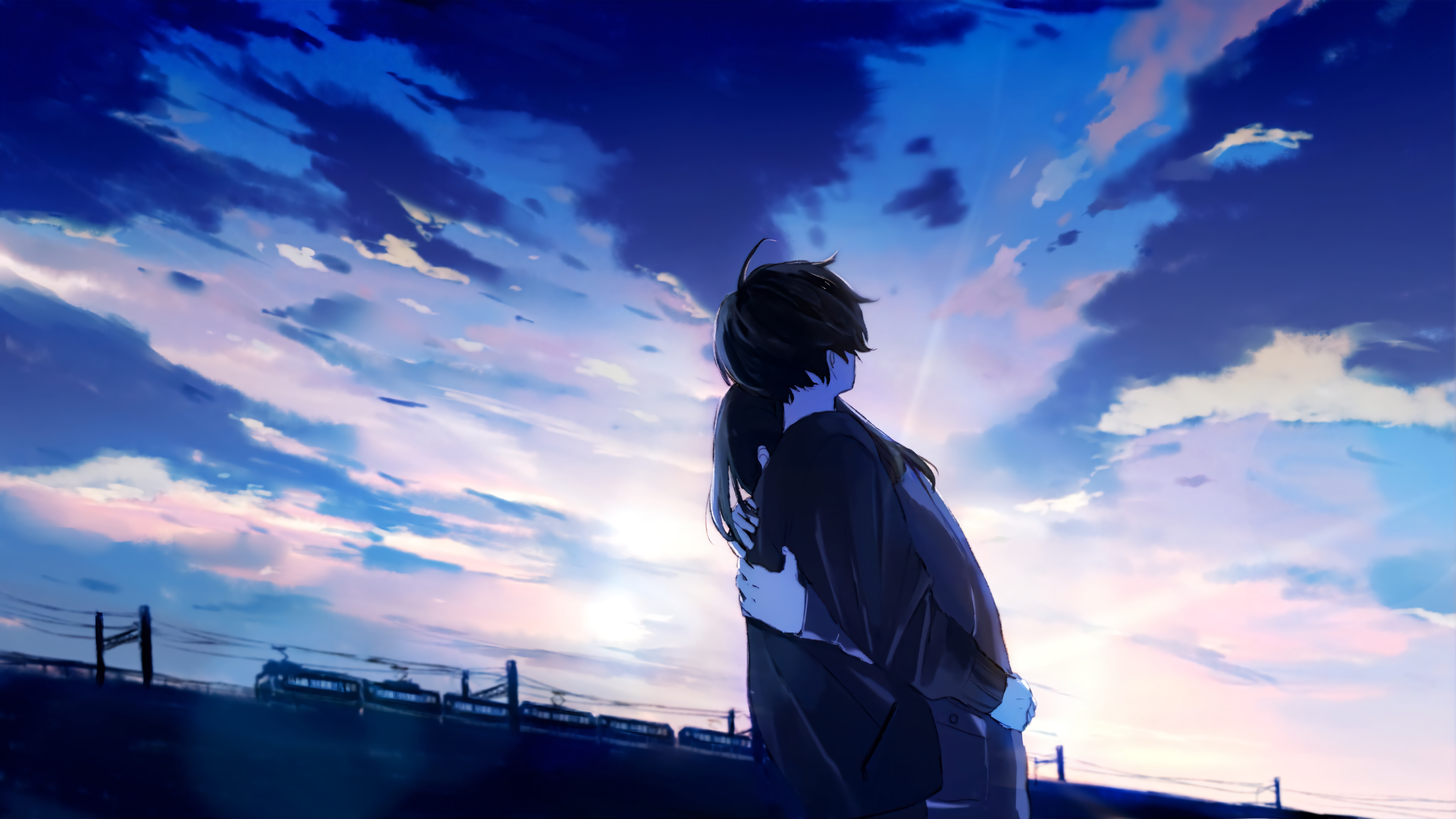Subway Train Anime Hugging Sky Clouds Power Lines 8192x4608