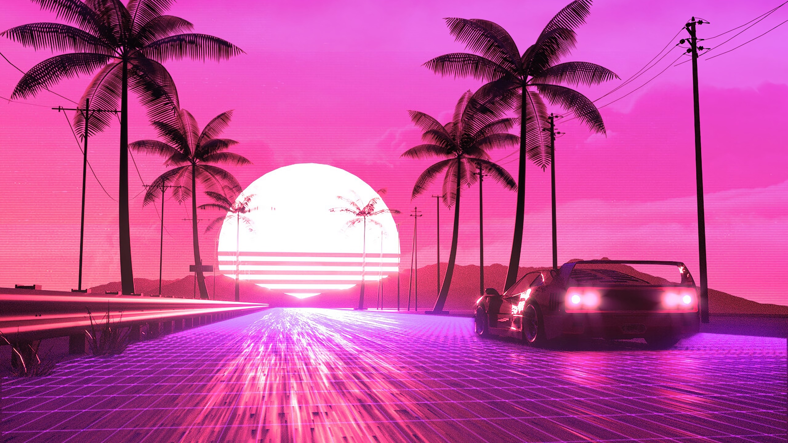 Digital Digital Art Artwork Illustration Lines Sun Sun Rays Sunrise Sunset Road Car Vehicle Transpor 2560x1440