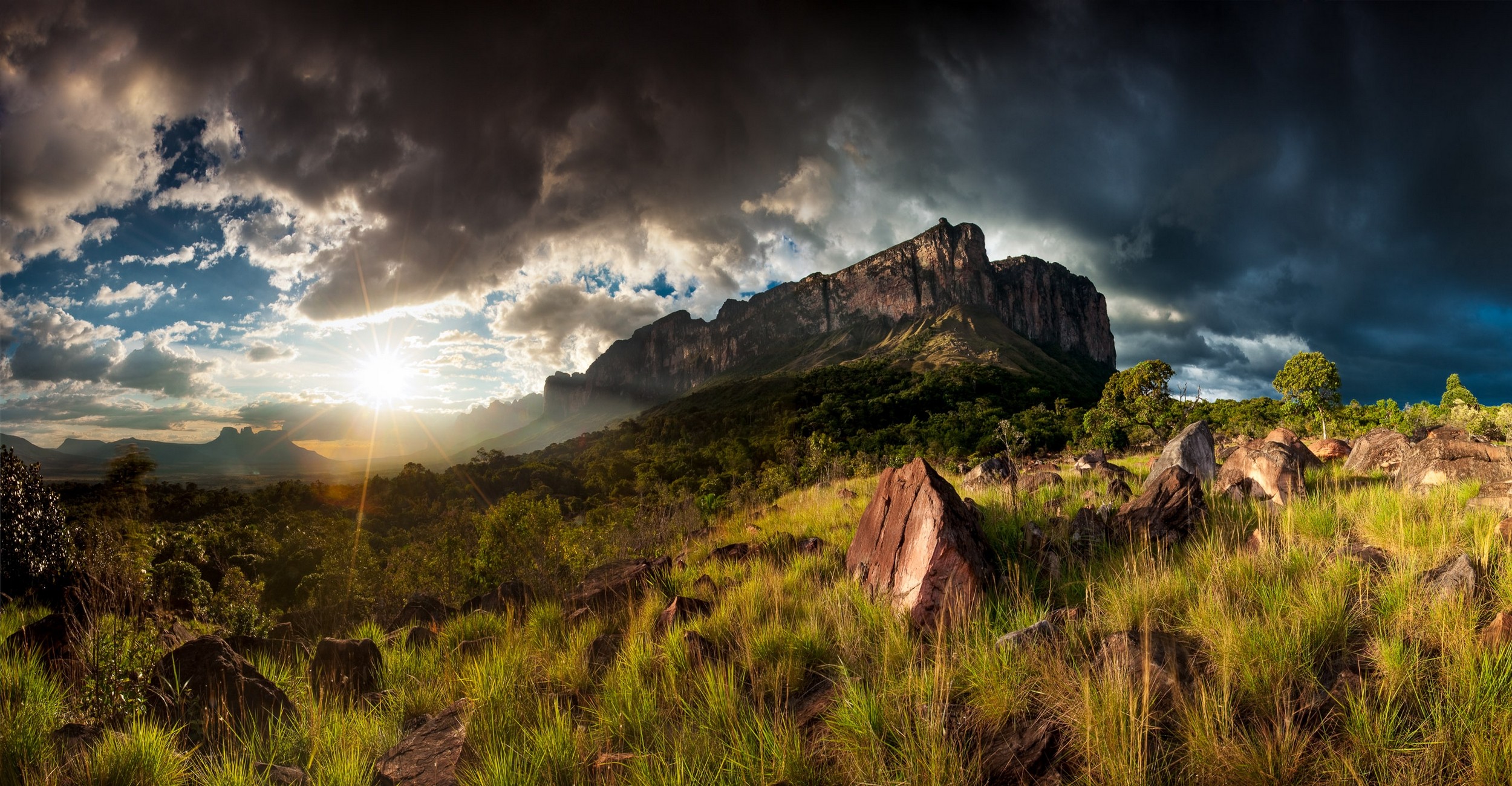 Nature Landscape Mountains Grass Clouds Sunset Trees Shrubs Sky Sun Rays Venezuela HDR Lens Flare Cl 2500x1300