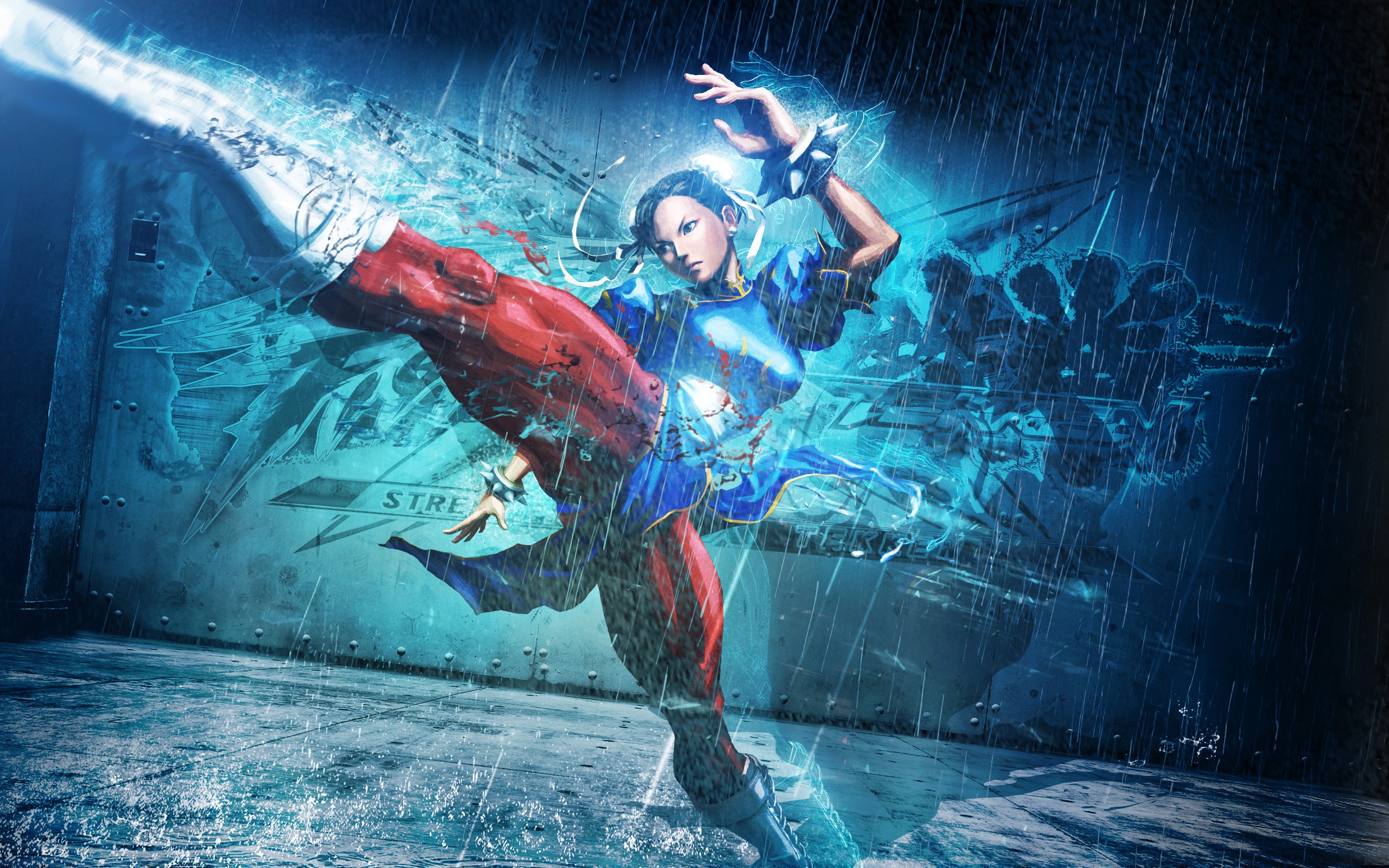 Chun Li Street Fighter Street Fighter Chun Li Kick Video Game Art Cyan Blue Rain 2560x1600