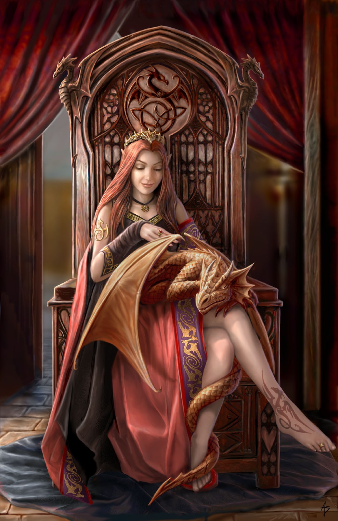 Digital Art Fantasy Art Anne Stokes Dragon Women Portrait Display Throne Sitting Gothic Tattoo Elves 1150x1772