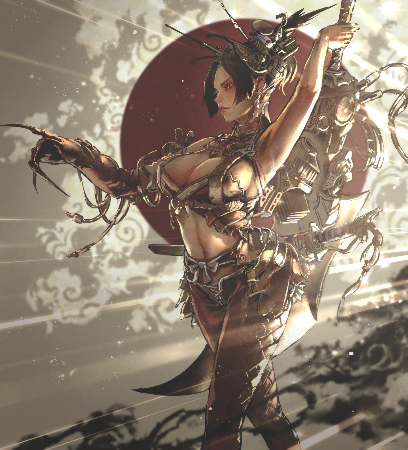Anime Girls Original Characters Profile Women Brunette Armor Sword Warrior Artwork Painting Digital  1427x1576