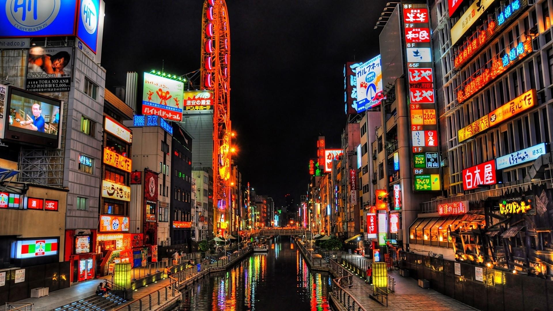 Building HDR Light Japan City Night Canal Osaka 1920x1080