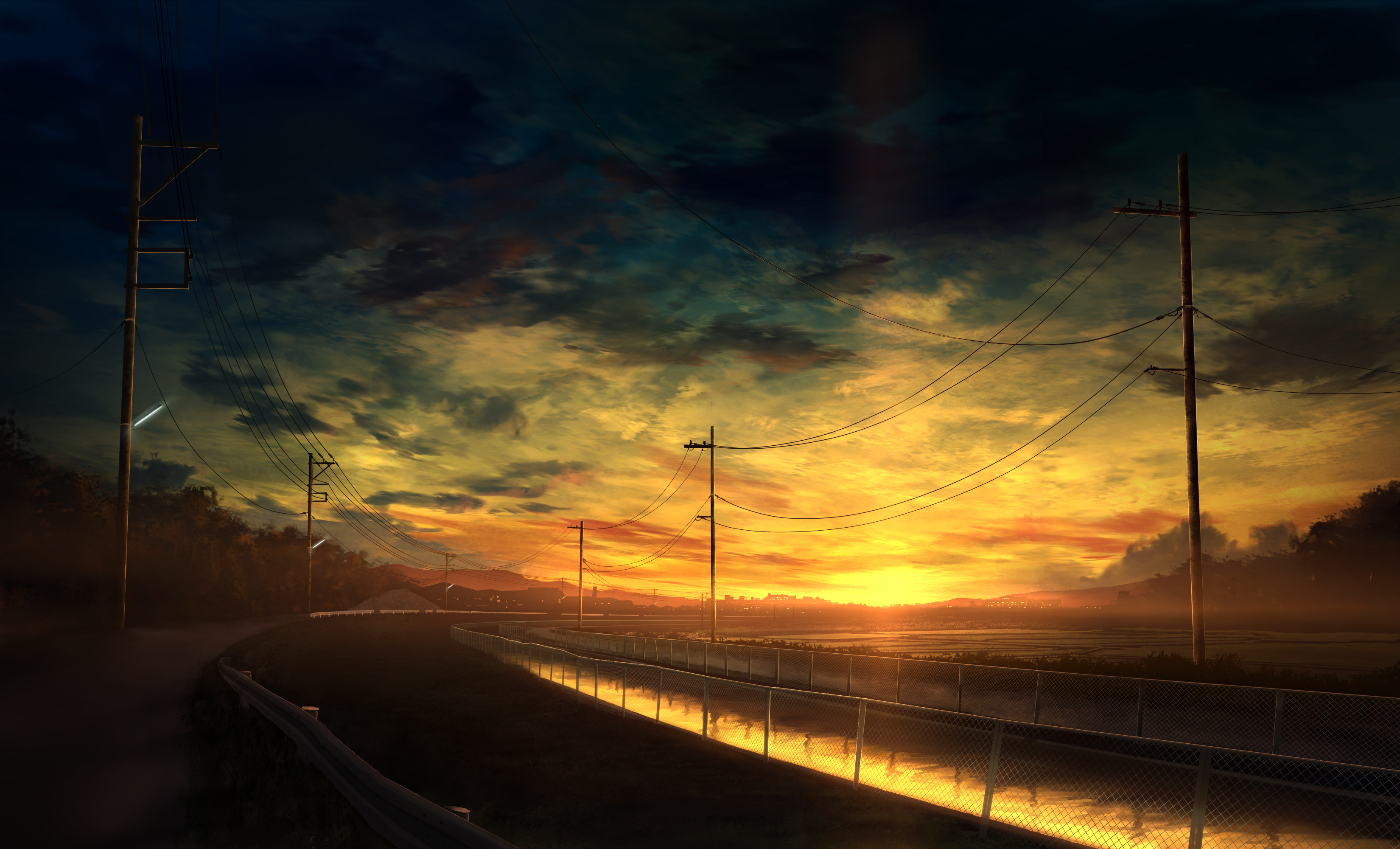 Sunset Road Anime Road Sunset Utility Pole Powerlines Fence 3300x2000