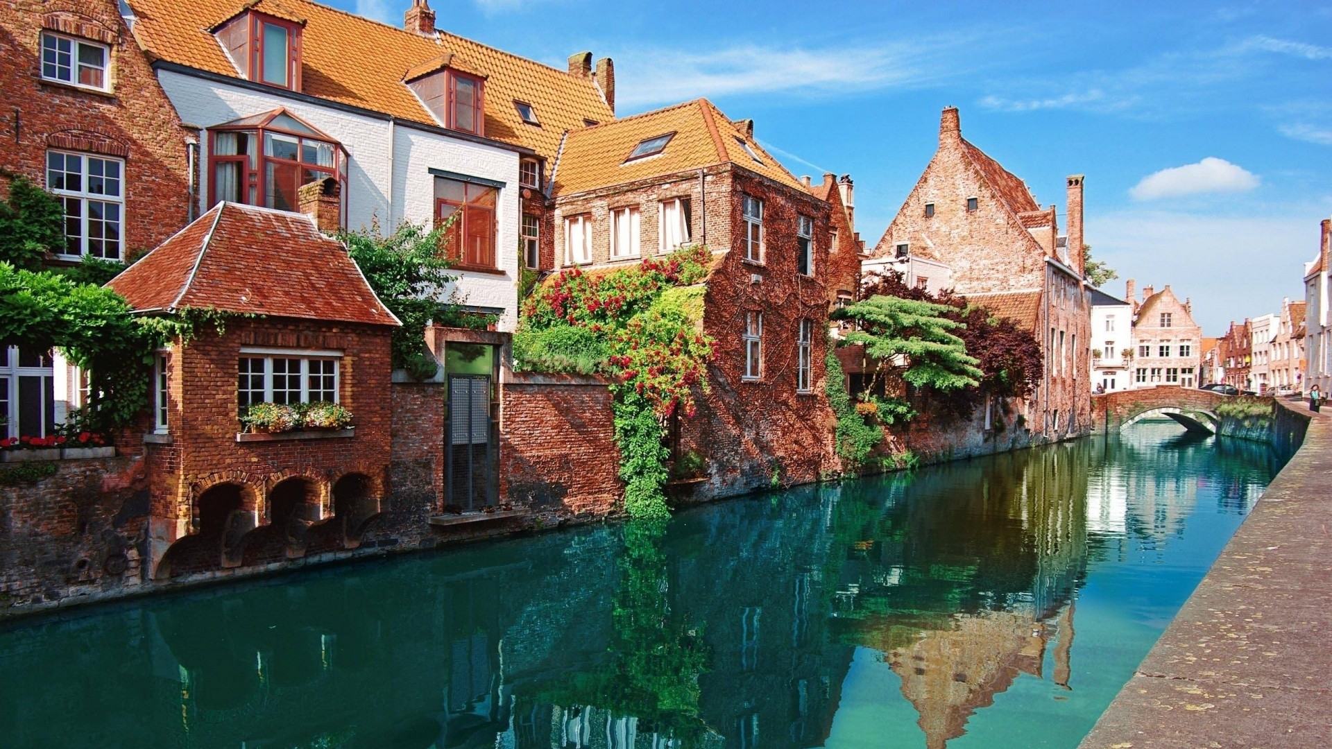 Bruges City River Belgium Building Without People 1920x1080
