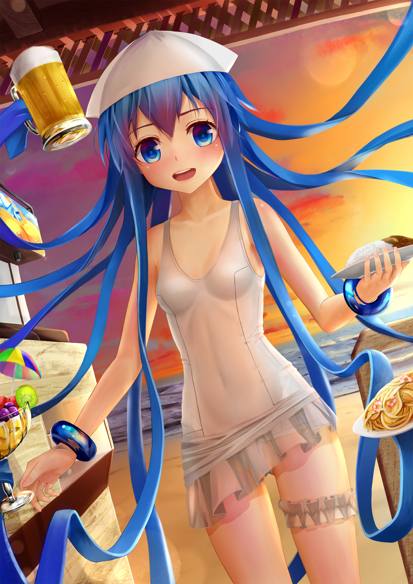 Ika Musume Shinryaku Ika Musume Blue Hair Blue Eyes Sky Sea Anime Girls 1414x2000