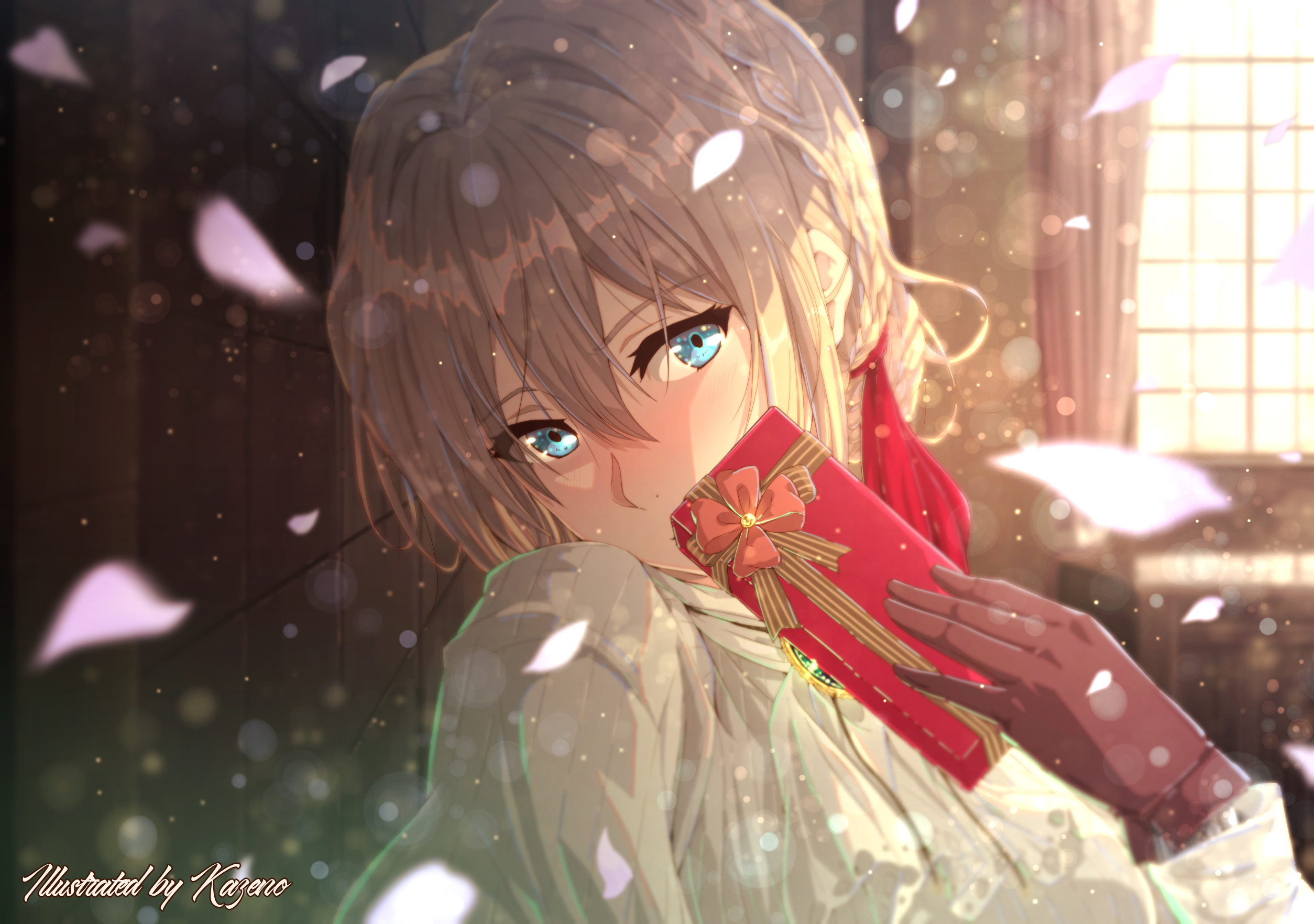 Anime Anime Girls Violet Evergarden Valentine Day Blue Eyes Blonde Presents Gloves Leaves 2508x1764