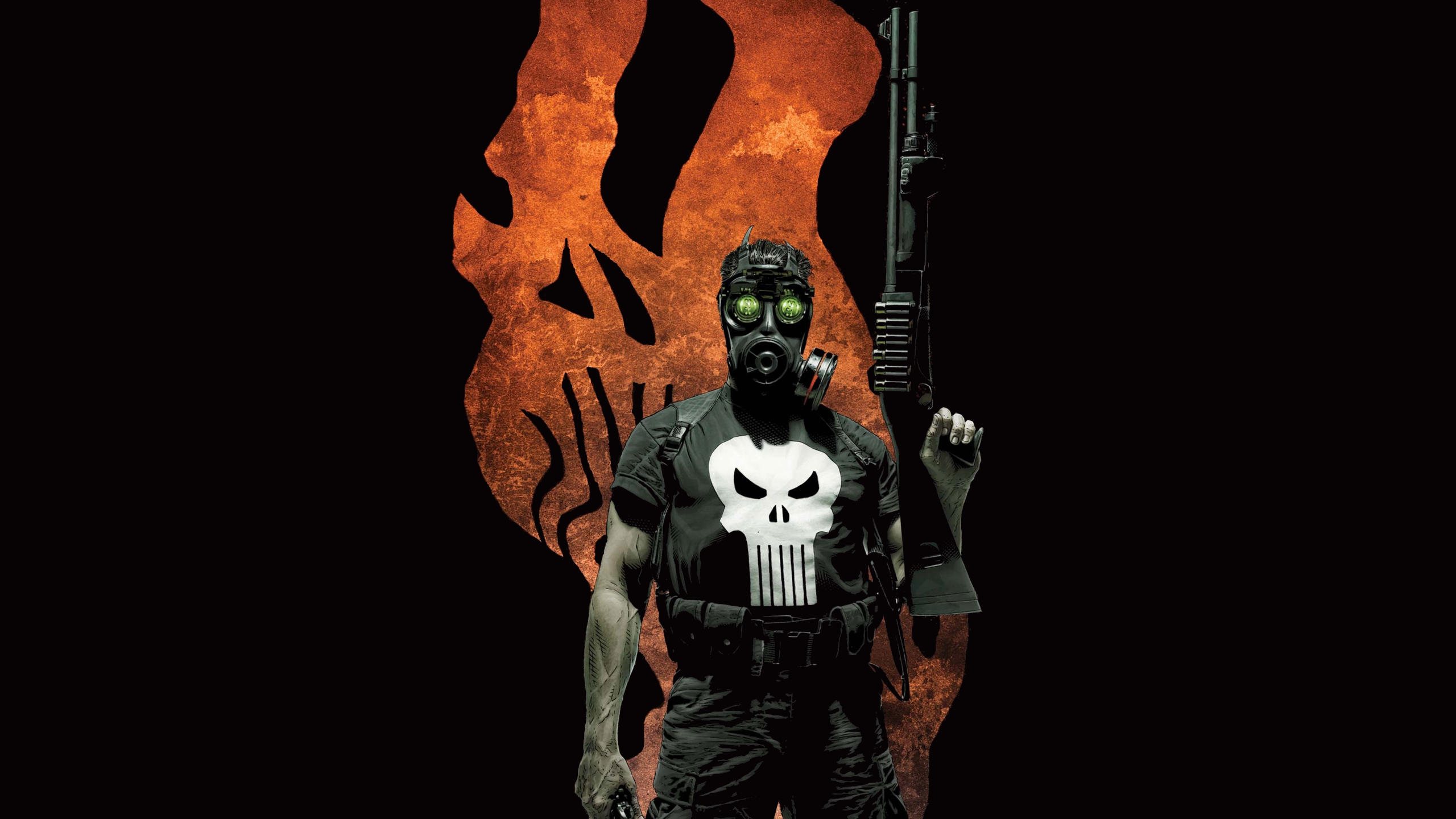 Punisher The Punisher Frank Castle Marvel Comics Comic Art Comic Books Skull Gas Masks Gun Weapon 2560x1440