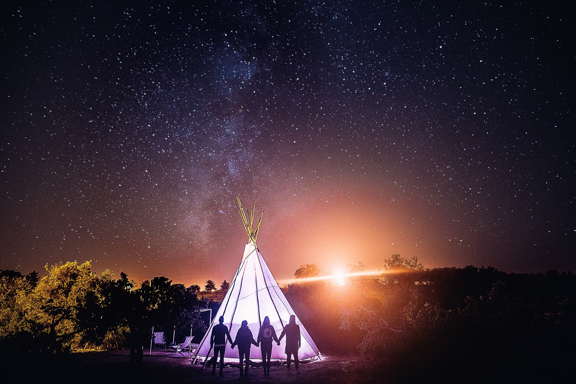 Andre Josselin Holding Hands Tent Night Sky Stars Nature Group Of People 1968x1312