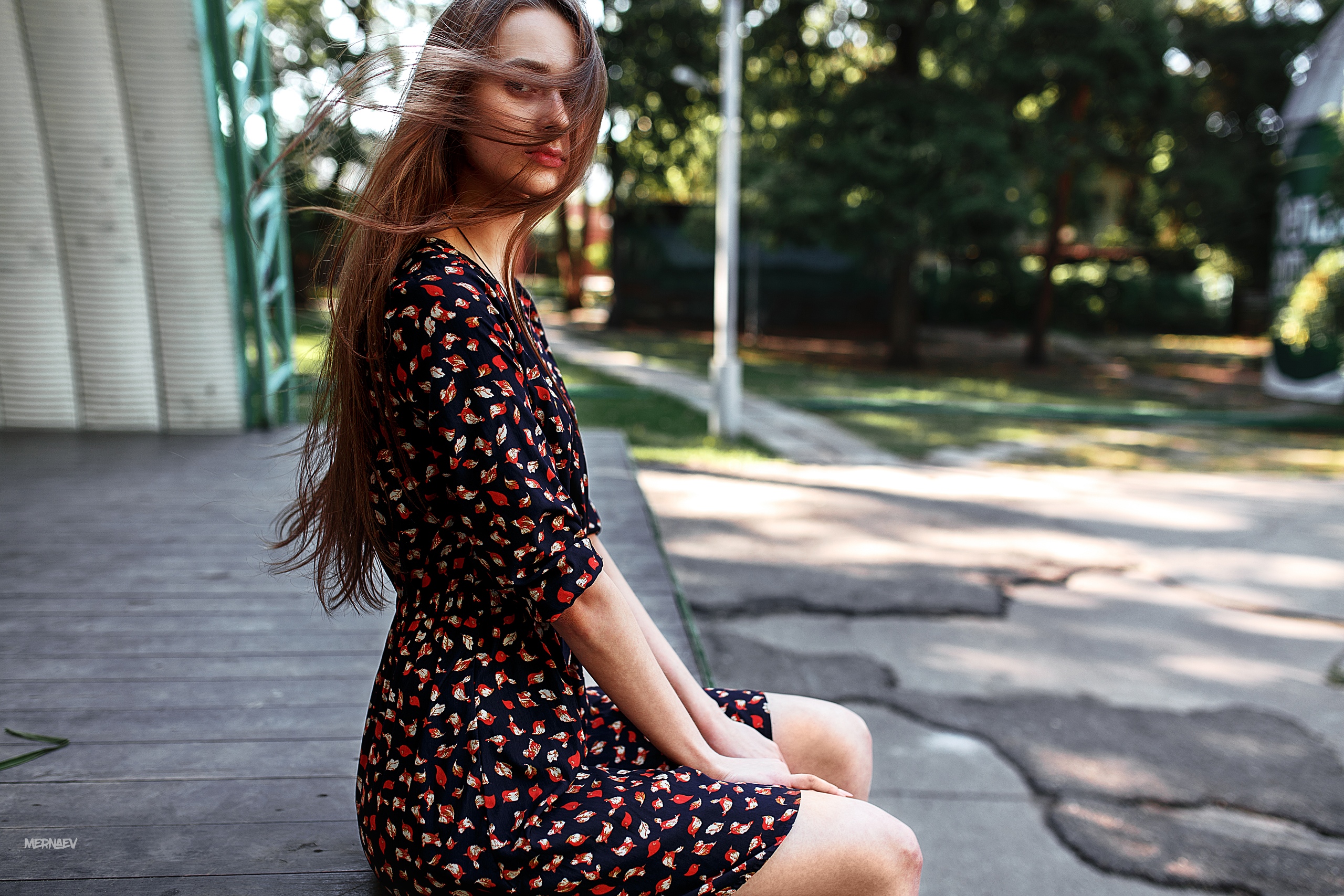 Women Model Brunette Looking At Viewer Side View Sitting Dress Hair In Face Depth Of Field Women Out 2560x1707