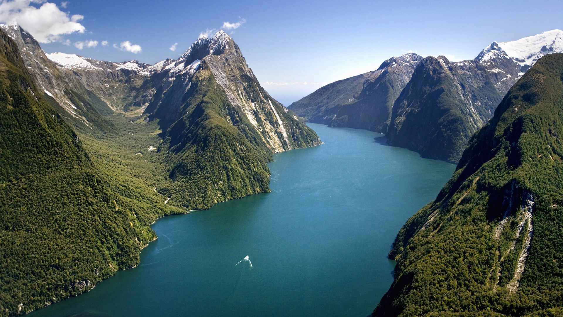Nature Landscape Mountains Birds Eye View Water River Clouds Trees Forest Boat New Zealand Snow Milf 1920x1080
