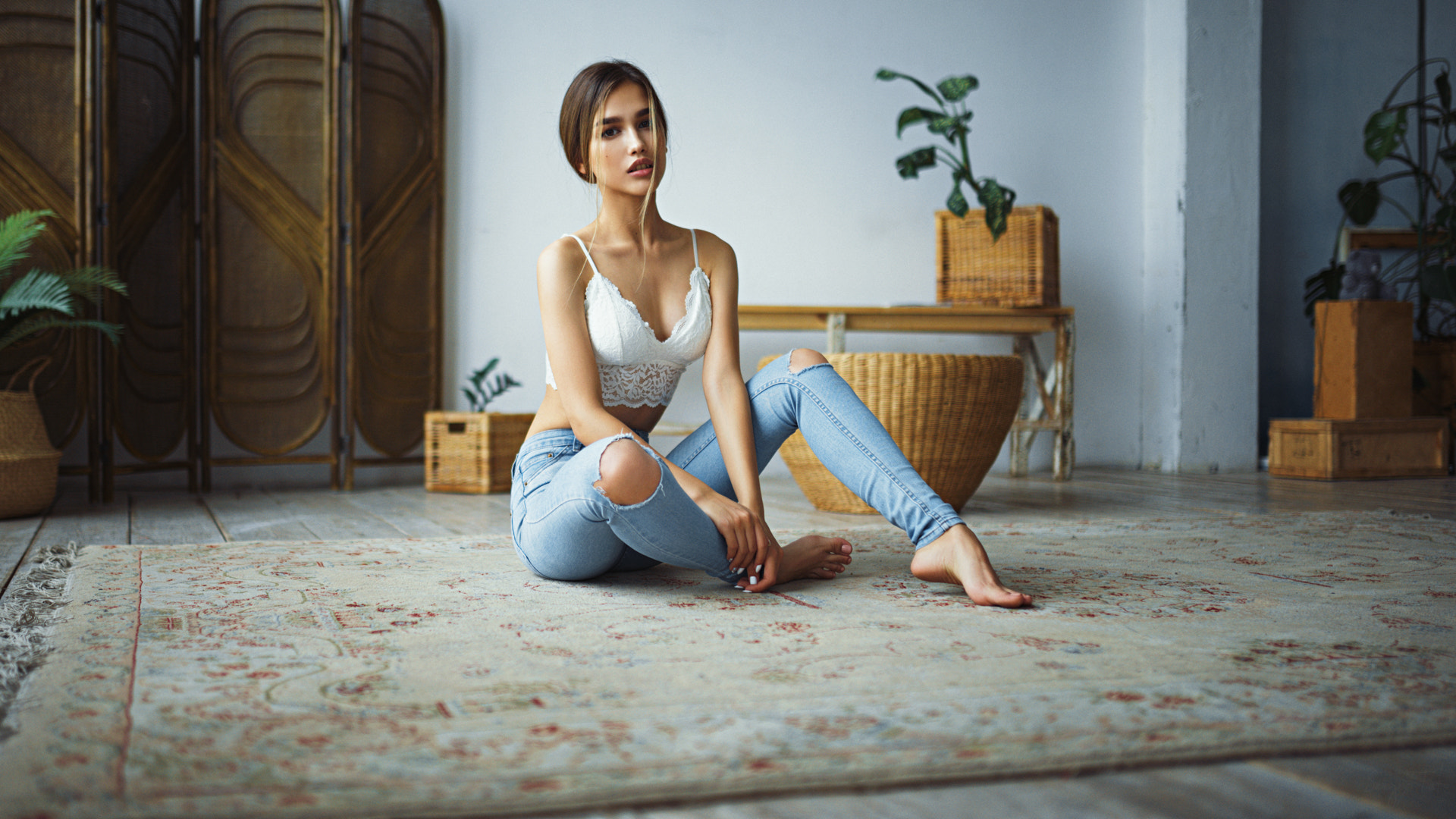 Anastasia Lis Sergey Fat Torn Jeans Brunette Plants Sitting White Tops Women Barefoot 1920x1080
