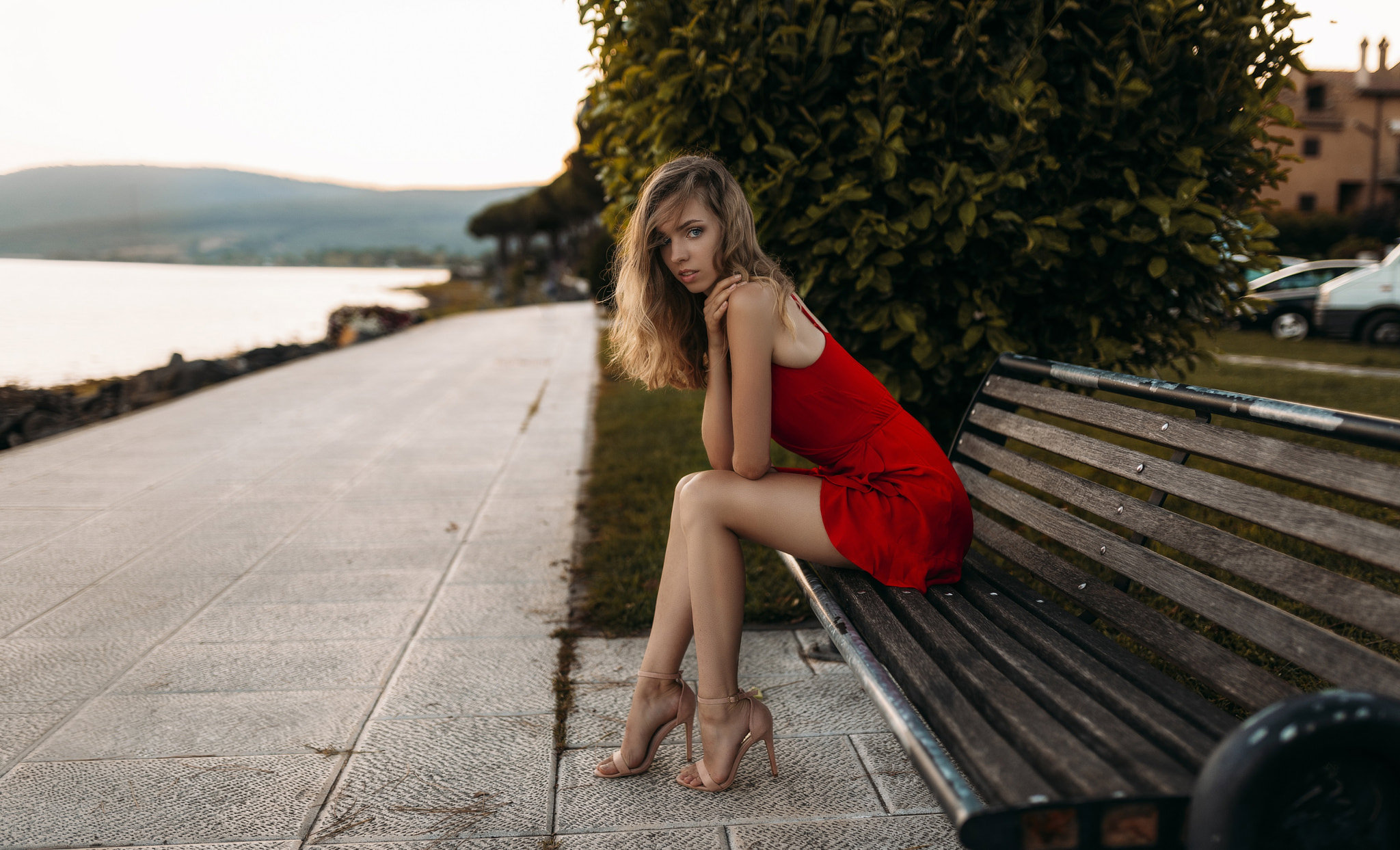 Women Bench Red Dress Brunette Blue Eyes High Heels Sitting Women Outdoors Blonde Dress Bare Shoulde 2048x1243