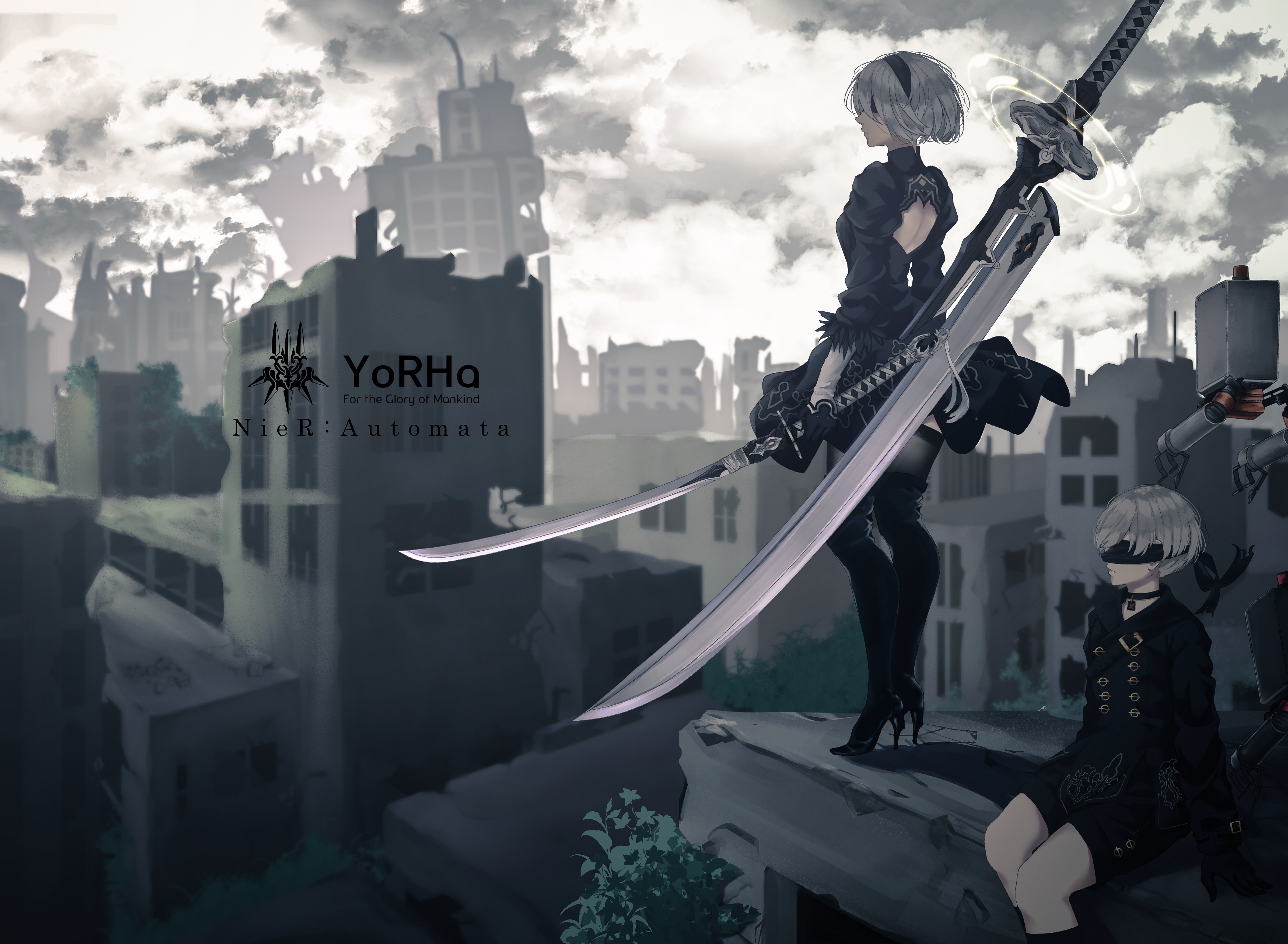 YoRHa No 2 Type B NieR Automata YoRHa No 9 Type S White Hair Blindfold Headband Weapon Sword Katana  4784x3508