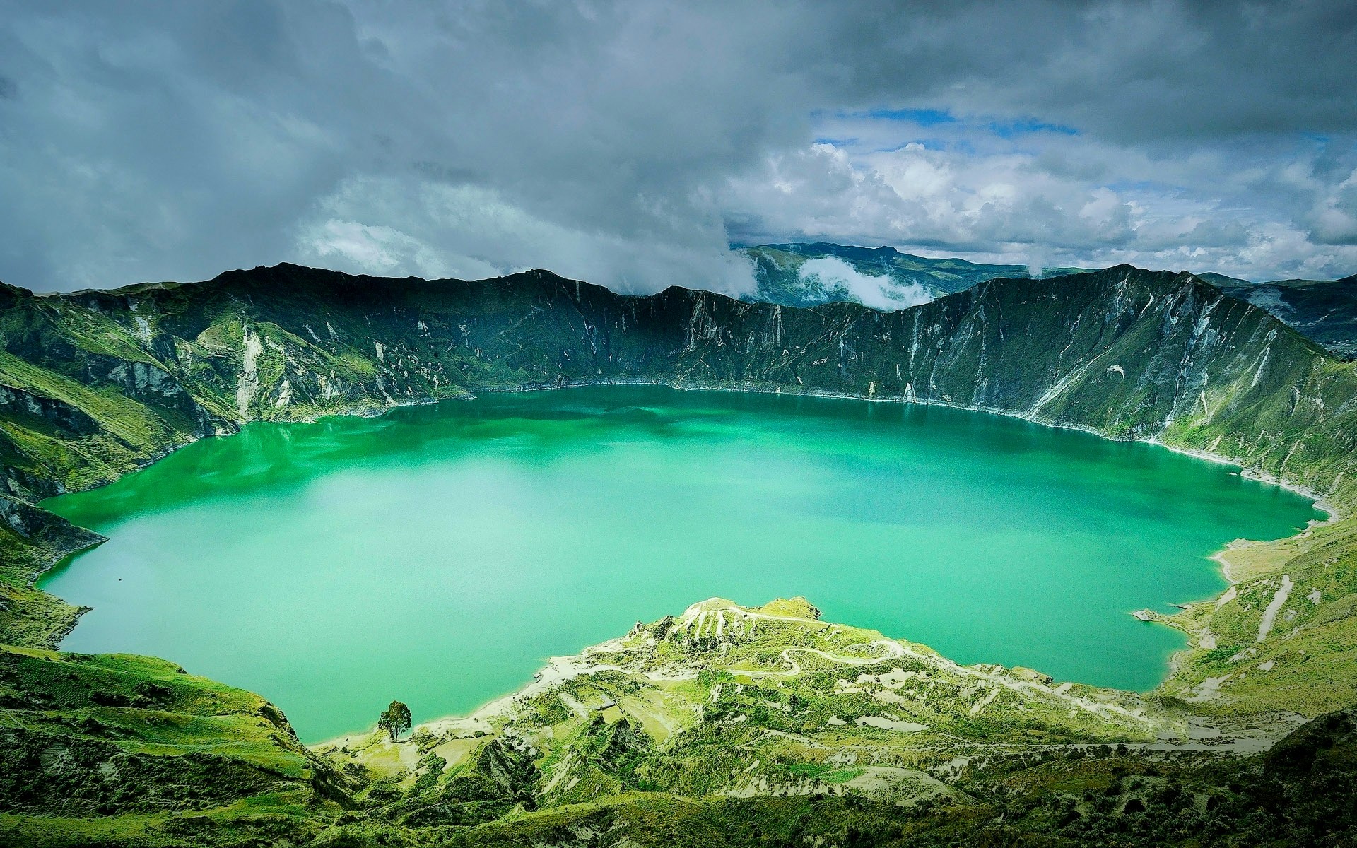 Ecuador Andes Volcano Clouds Crater Grass Mountains Water Green Nature Landscape Lake 1920x1200