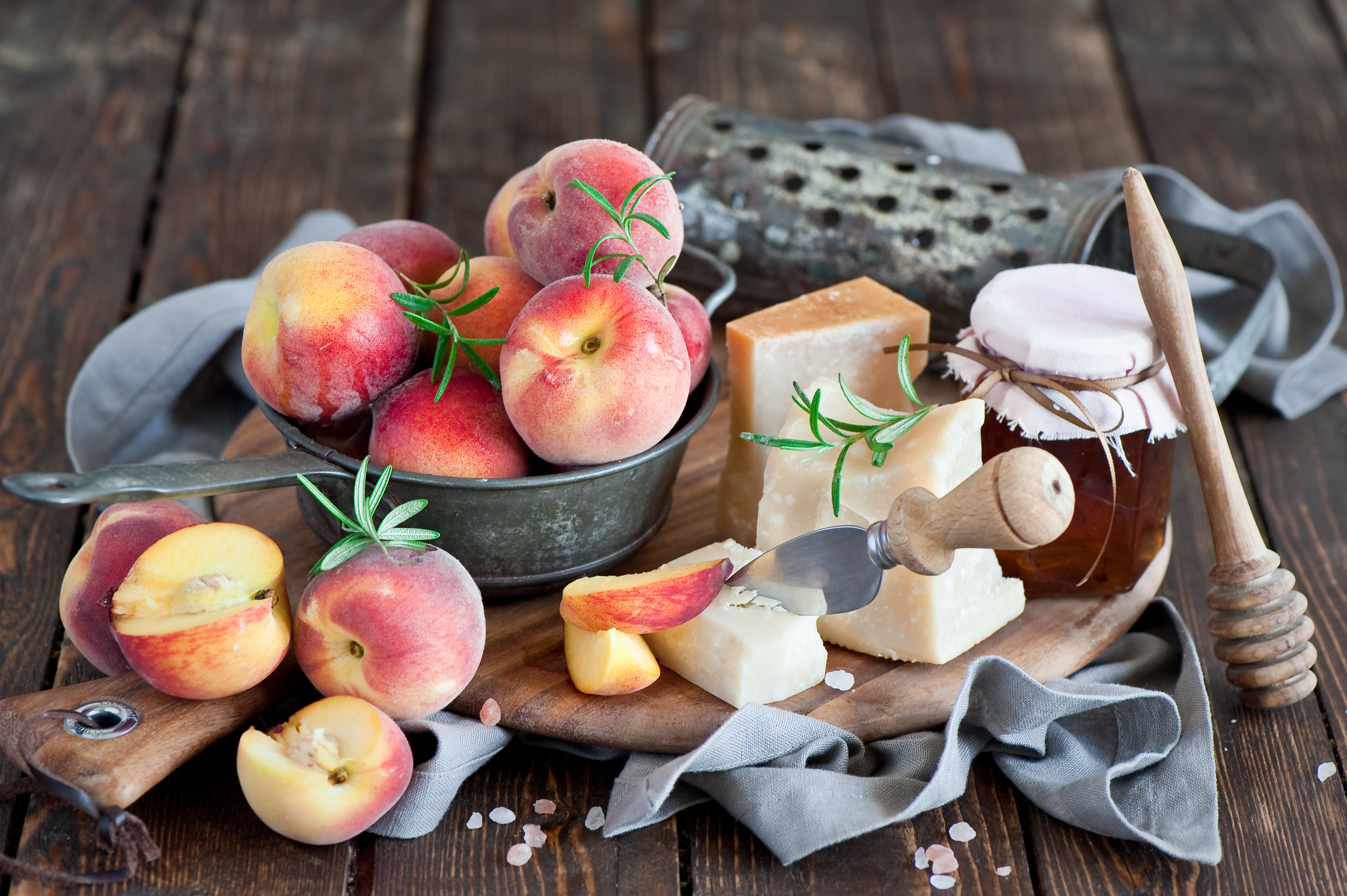 Food Peaches Cheese Wooden Surface Honey Fruit Jars 4256x2832