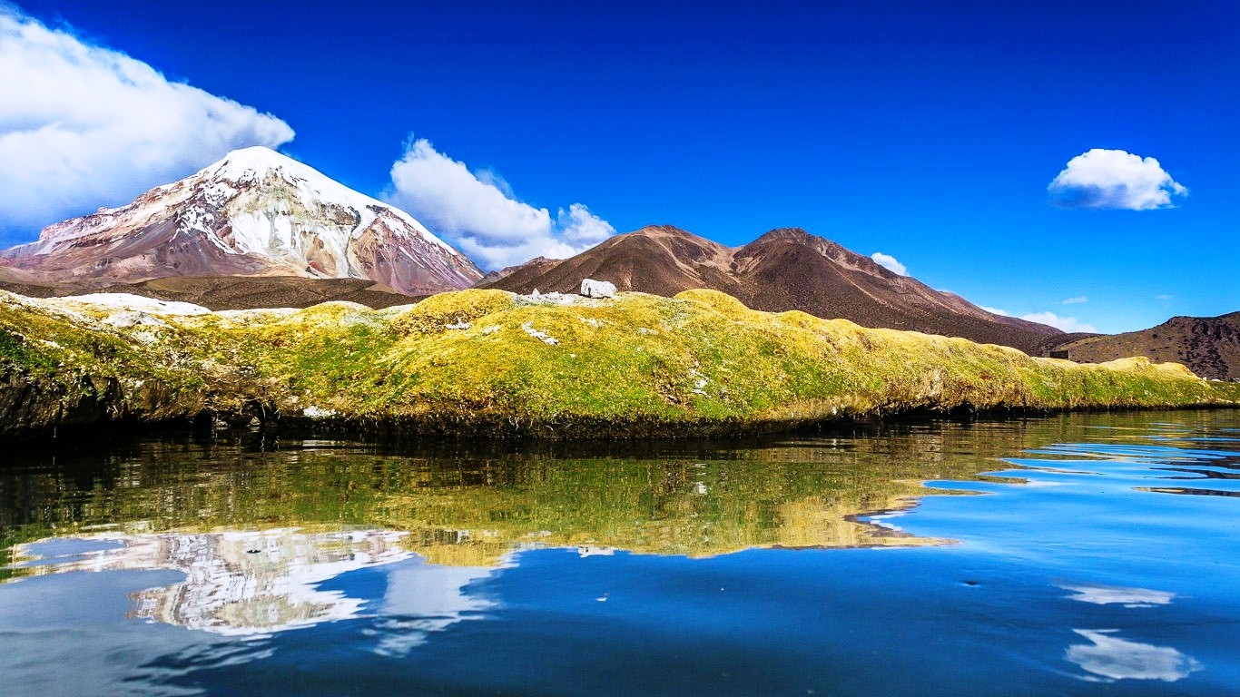 Bolivia Lake Mountains Water Clouds Snowy Peak Nature Landscape Reflection 1366x768