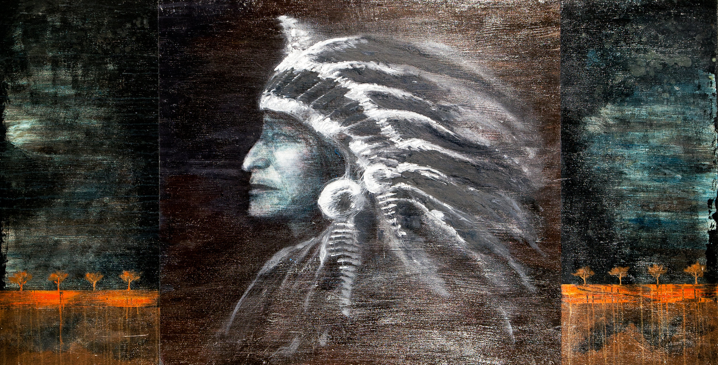 Digital Art Artwork Face Native Americans Feathers Chief Painting Abstract Profile Grunge 2500x1271