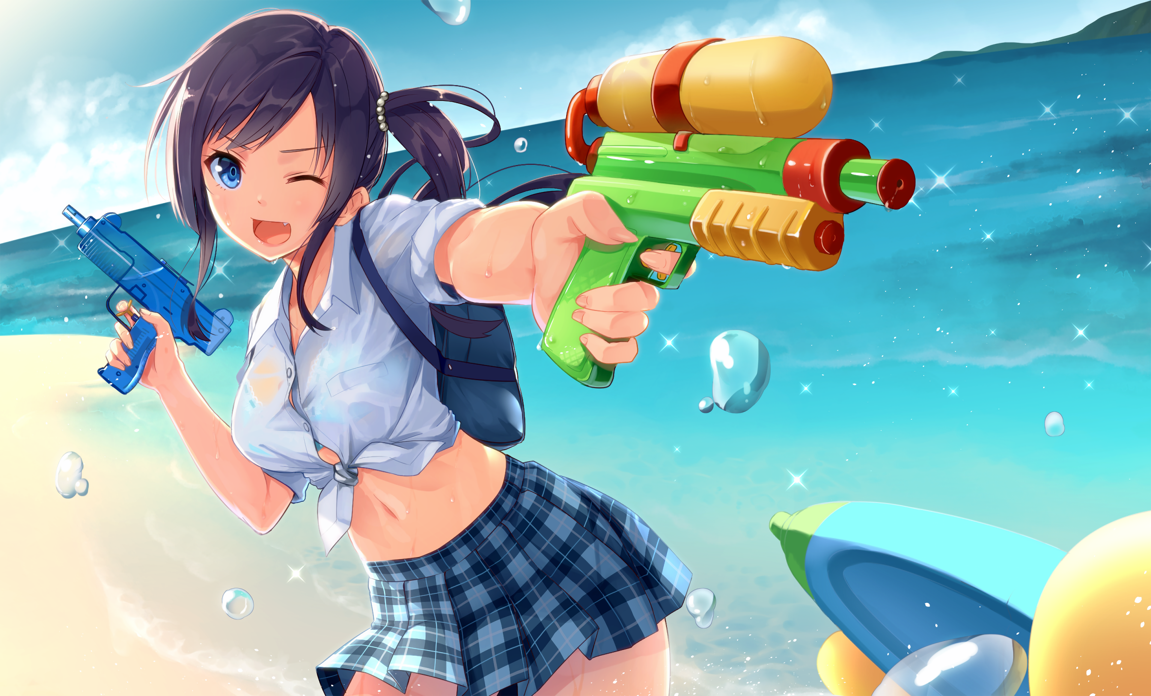 Anime Anime Girls Original Characters Water Guns Skirt Beach Open Mouth Colorful Blue Eyes 3840x2323