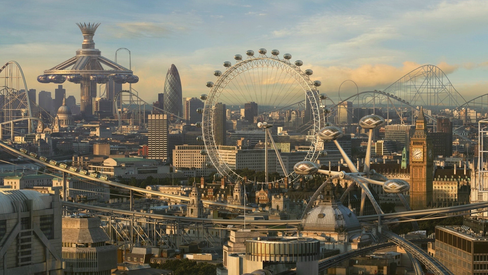 Theme Parks London Ferris Wheel CGi Digital Art Cityscape Futuristic London City Concept Art London  1920x1080