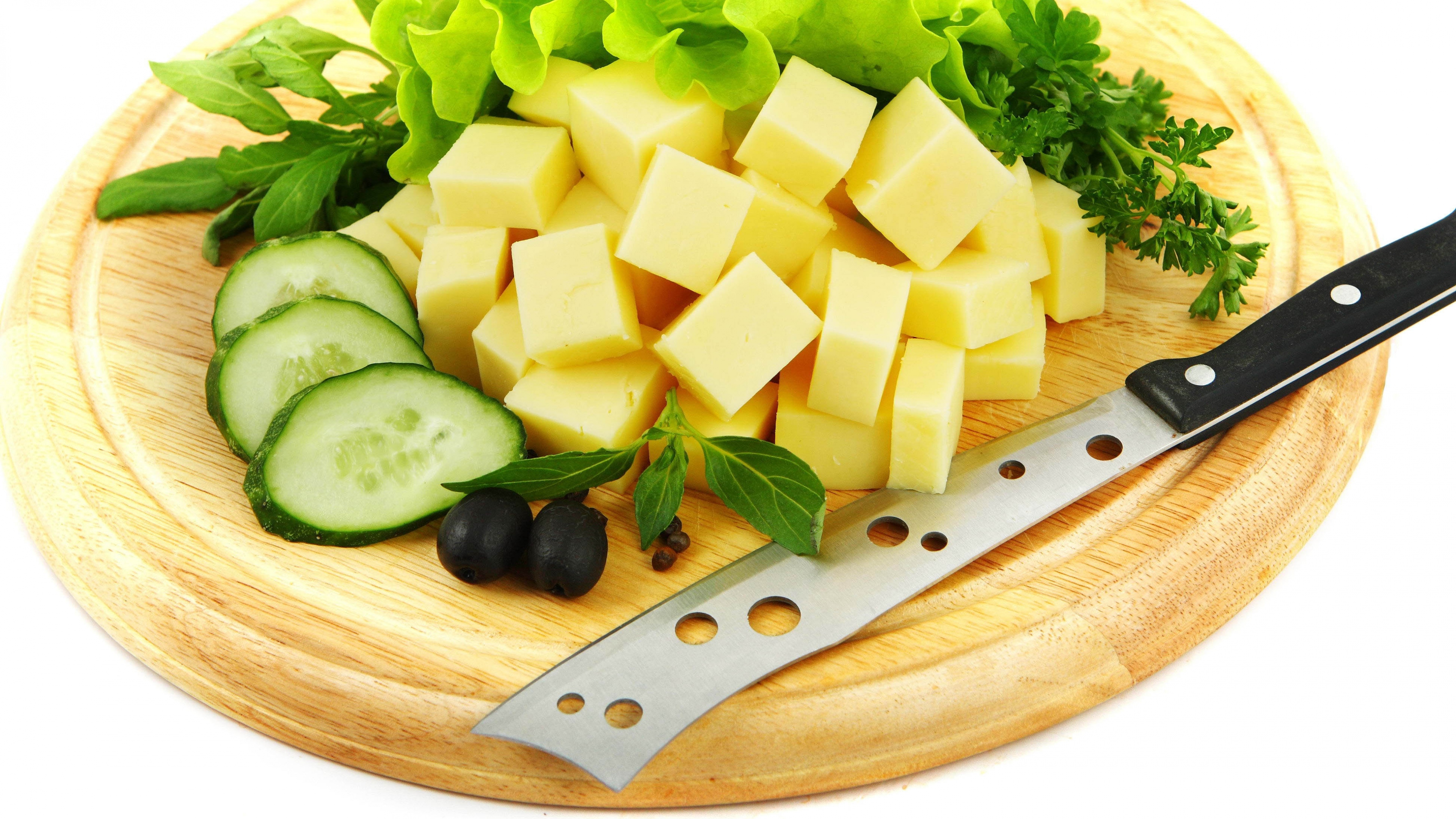 Cheese Cucumbers Food Knife Olives Cutting Board 3840x2160