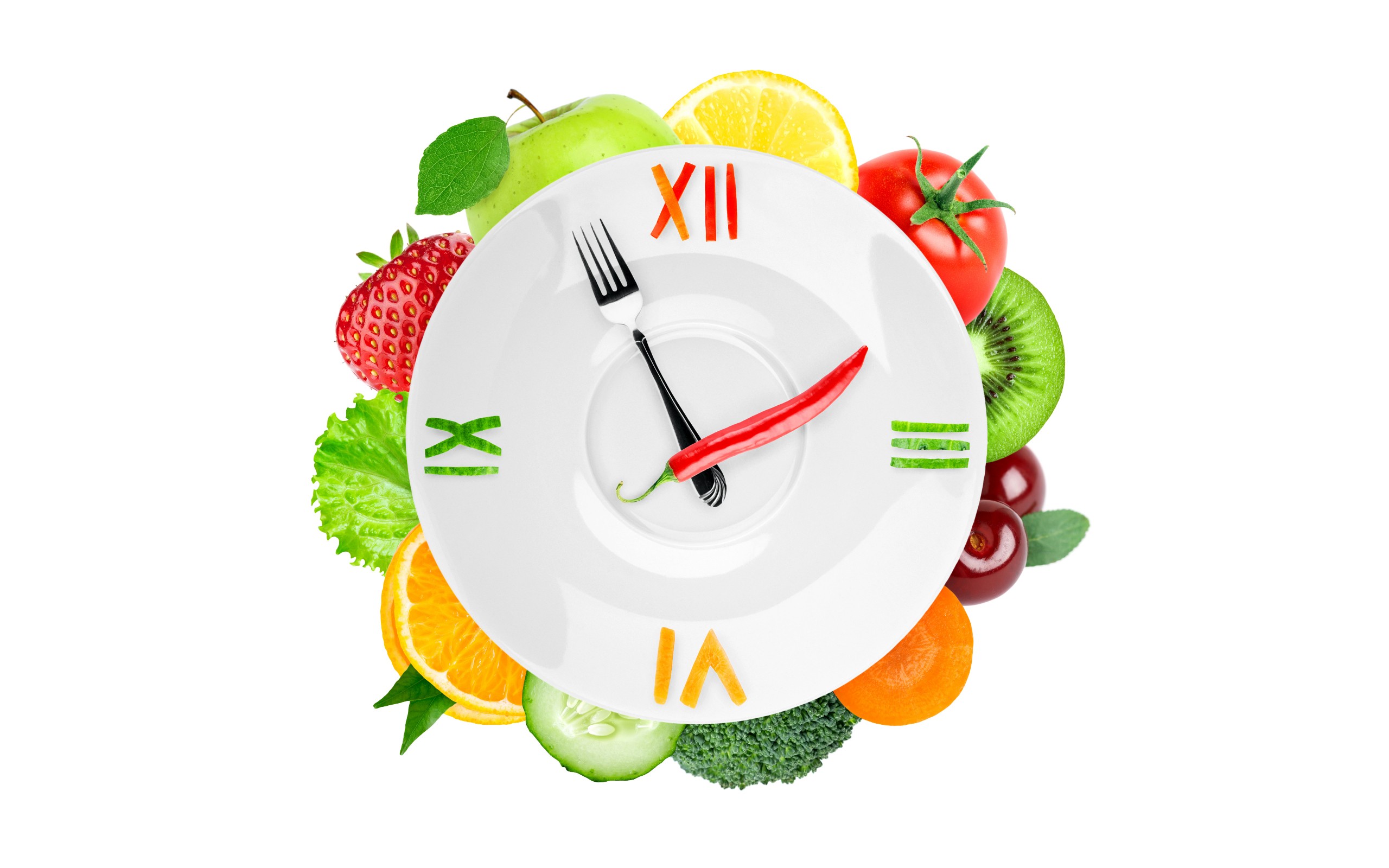 Fruit Food White Background Clocks Vegetables Plates Fork Chilli Peppers 2560x1600