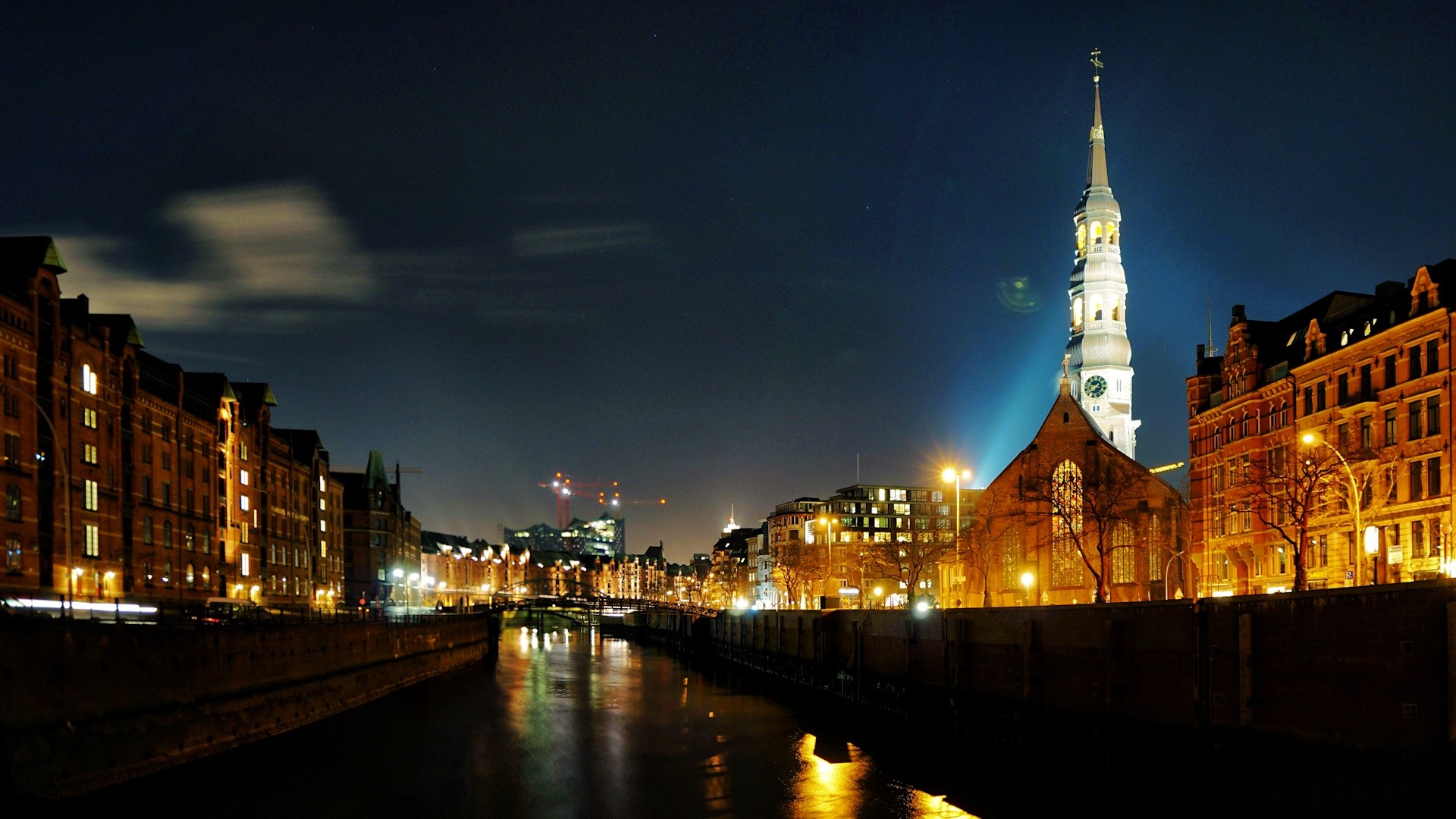 Architecture City Cityscape Hamburg Germany Water Old Building Night Lights Sky Church Clock Tower R 1920x1080
