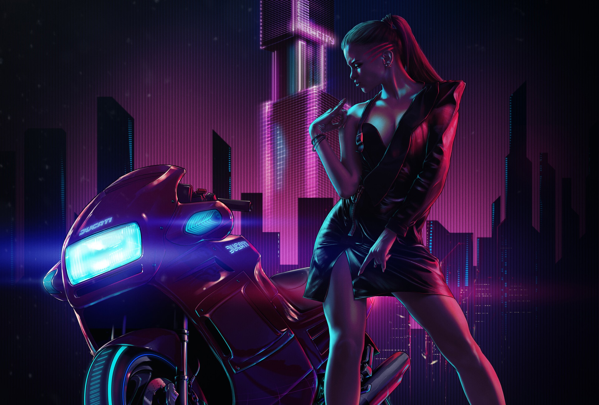Neon Vehicle Artwork Women Ducati Motorcycle Cyberpunk 1920x1300