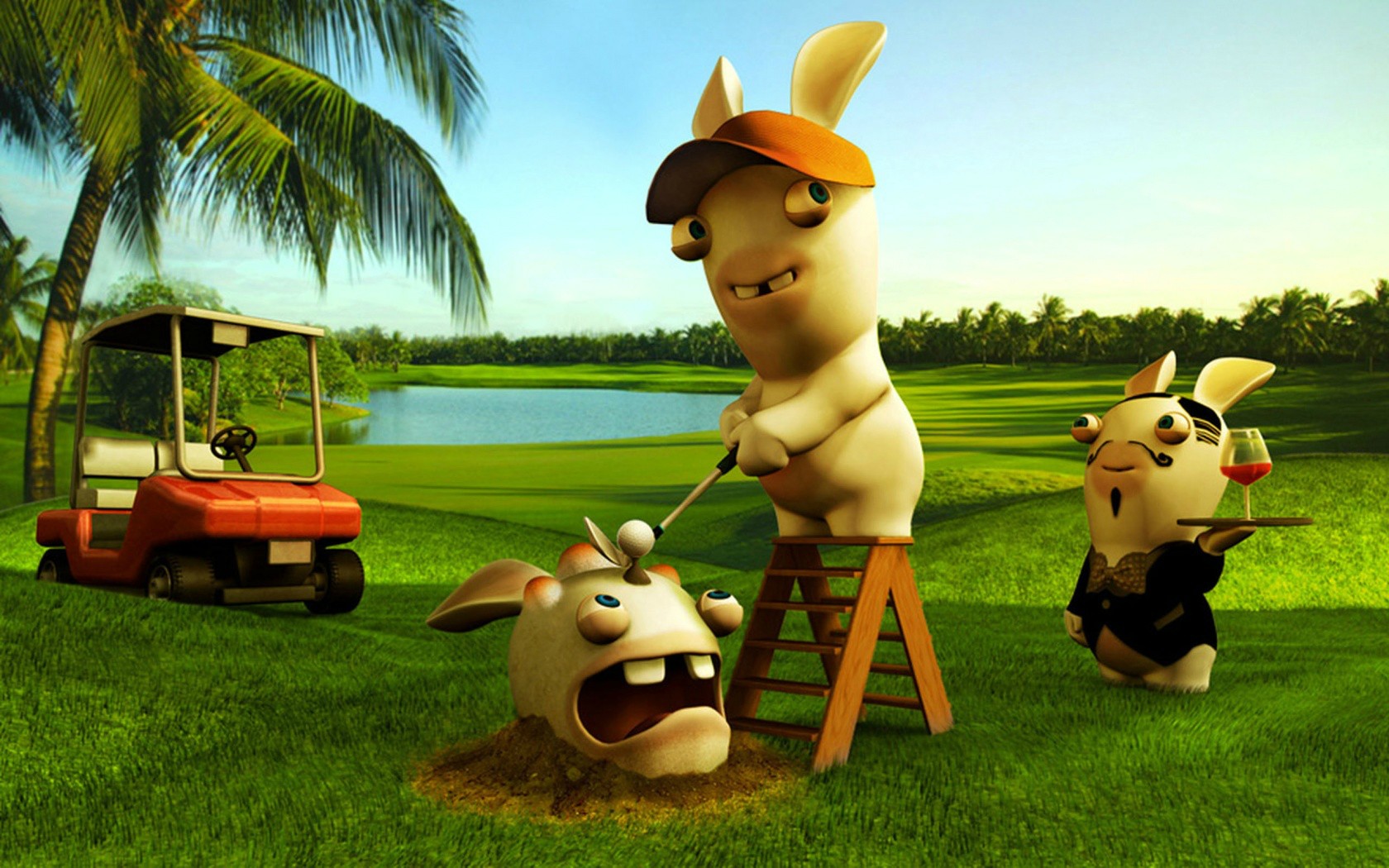 Video Games Raving Rabbids Golf Course Humor Palm Trees Golf Ball 1680x1050