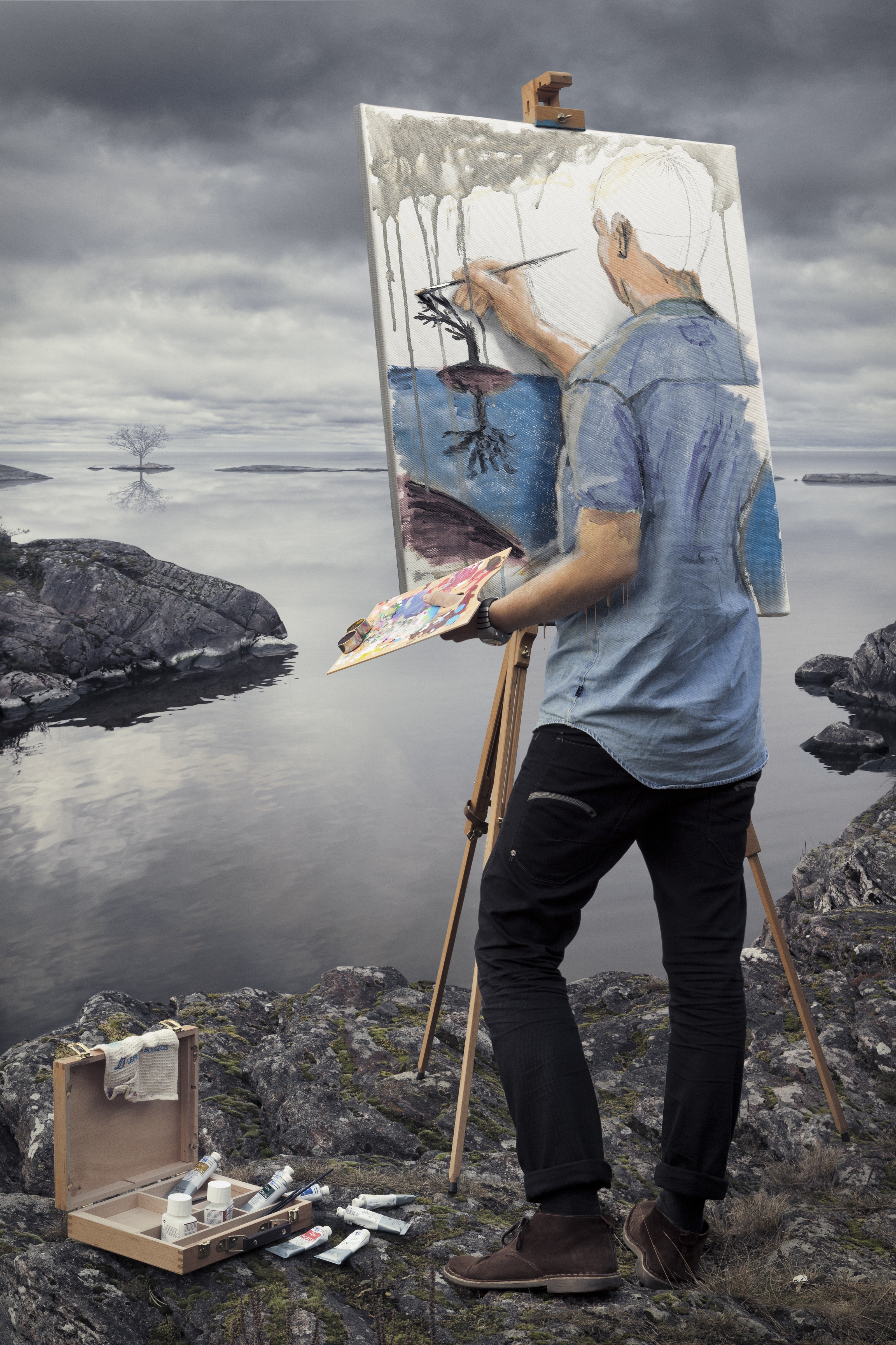Men Nature Landscape Optical Illusion Portrait Display Painting Painters Surreal Lake Clouds Rock Tr 3200x4800
