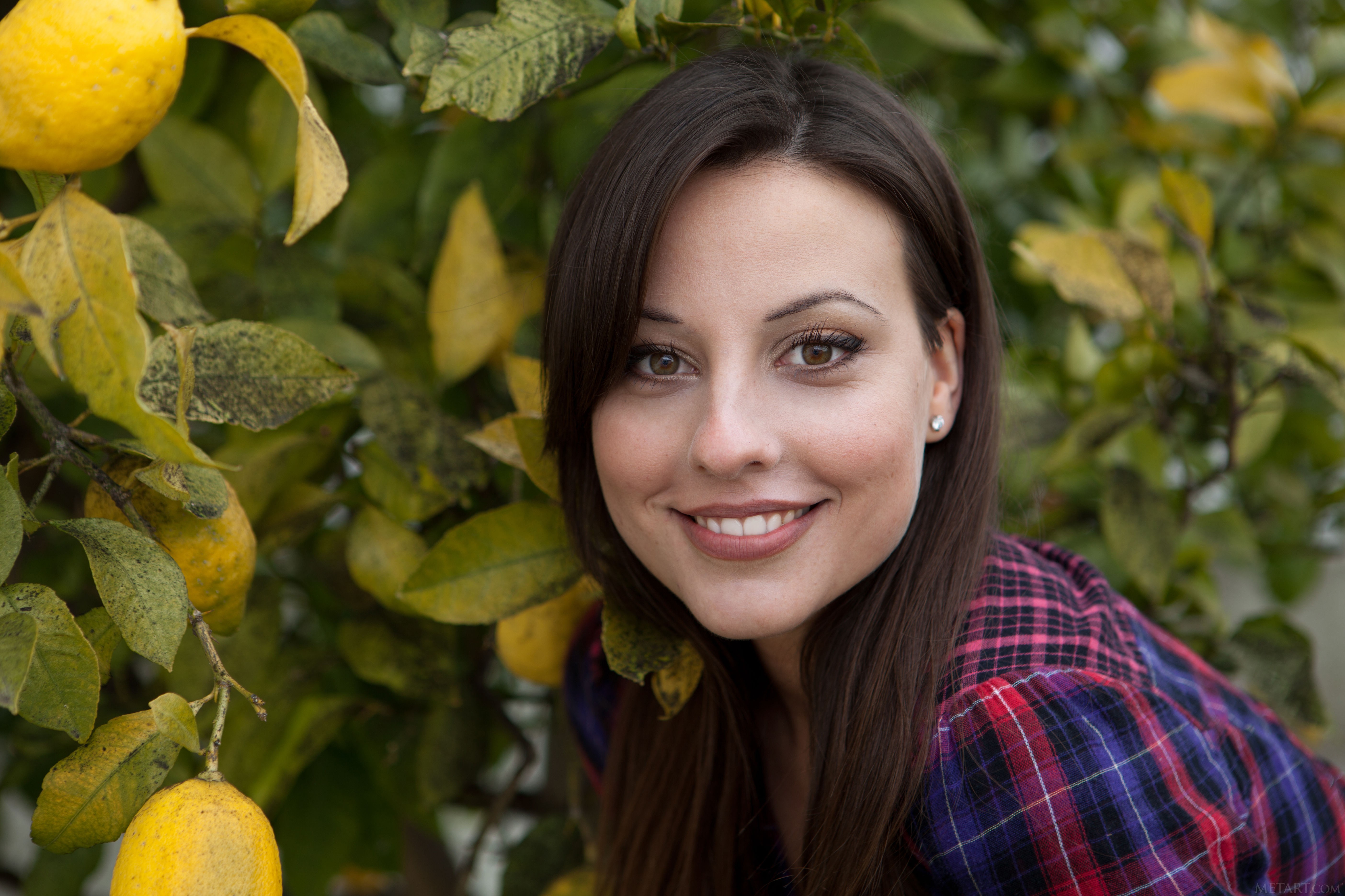 Women Brunette Long Hair Face Portrait Brown Eyes Smiling Shirt Checkered Trees Leaves Lemons Lemons 5616x3744