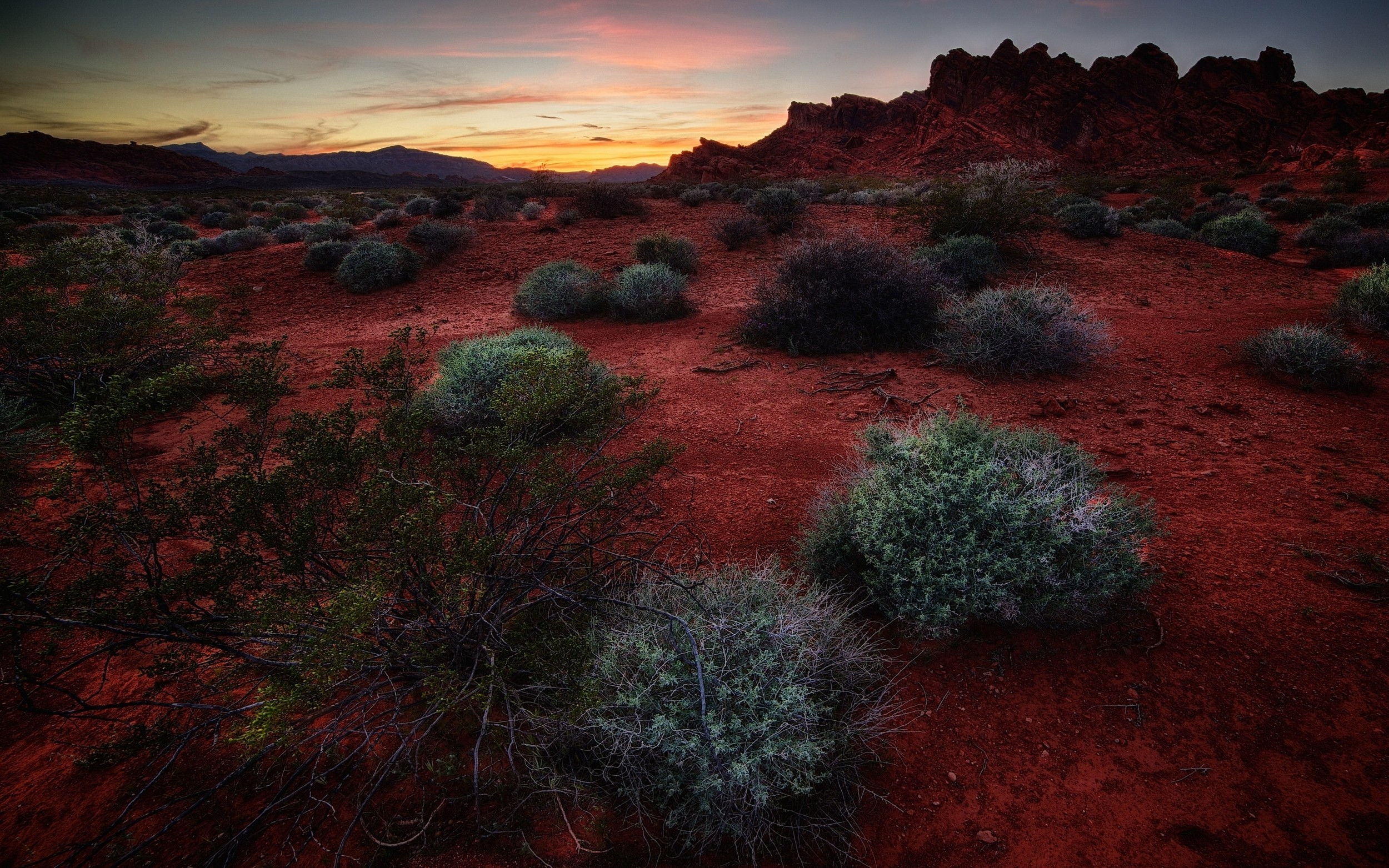 Nature Landscape Sunset Shrubs Rock Hills Red Steppe Clouds Desert 2500x1563