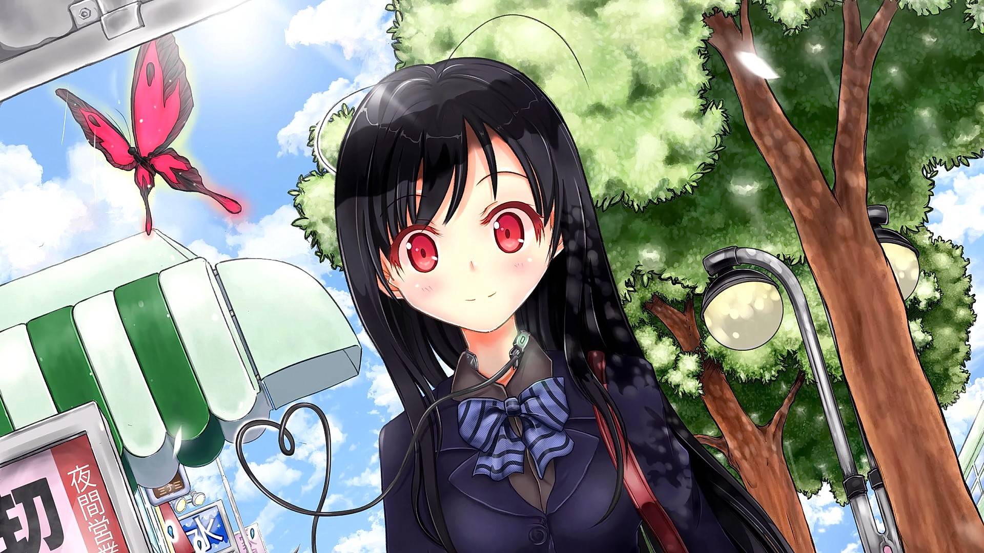 Anime Anime Girls Long Hair Brunette Red Eyes School Uniform Smiling Sky Clouds Butterfly Looking At 1920x1080