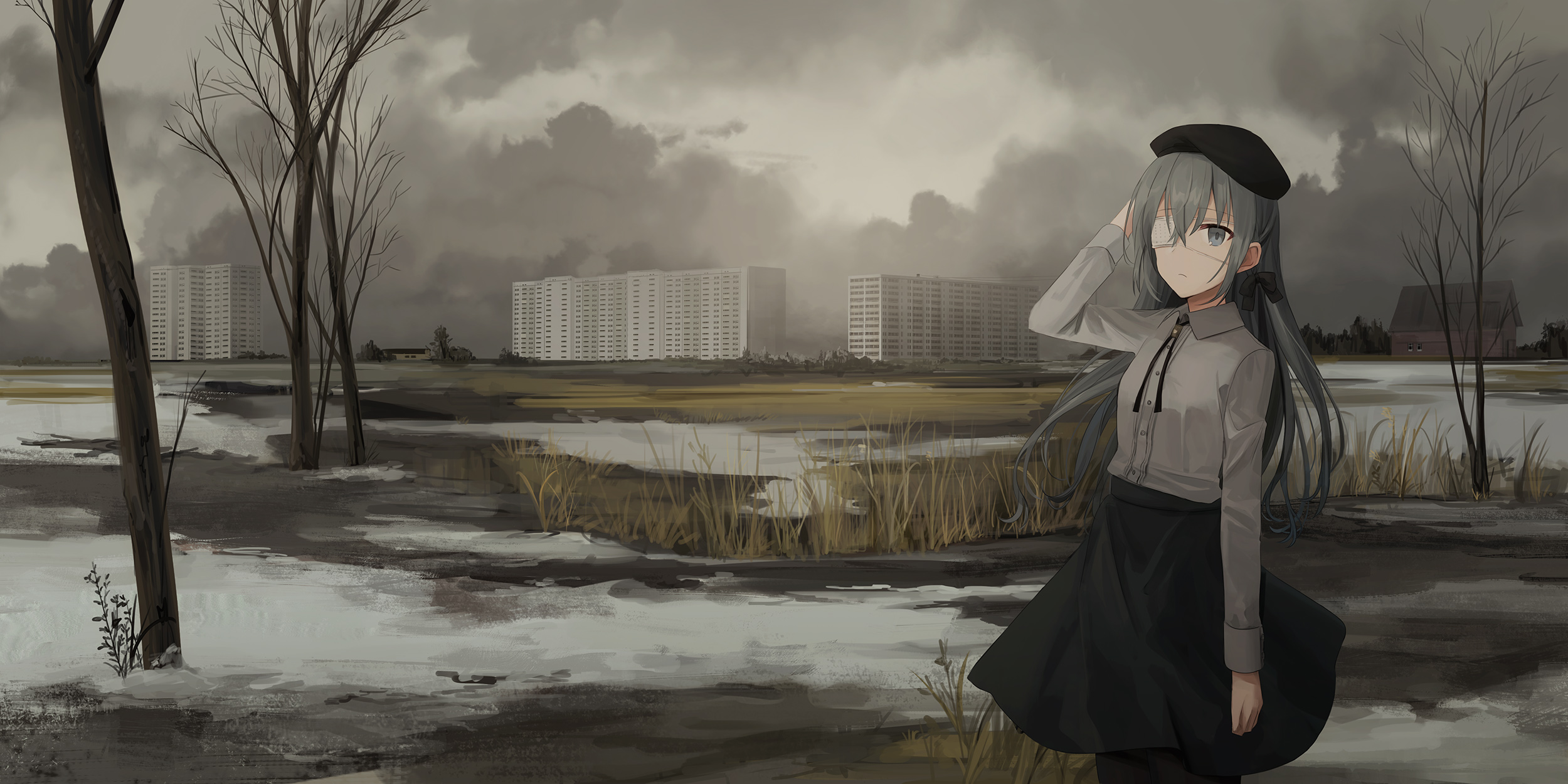 Chihuri 45 City Building Looking At Viewer Russia Snow Eye Patch Gray Hair Anime Anime Girls Slavic  2500x1250