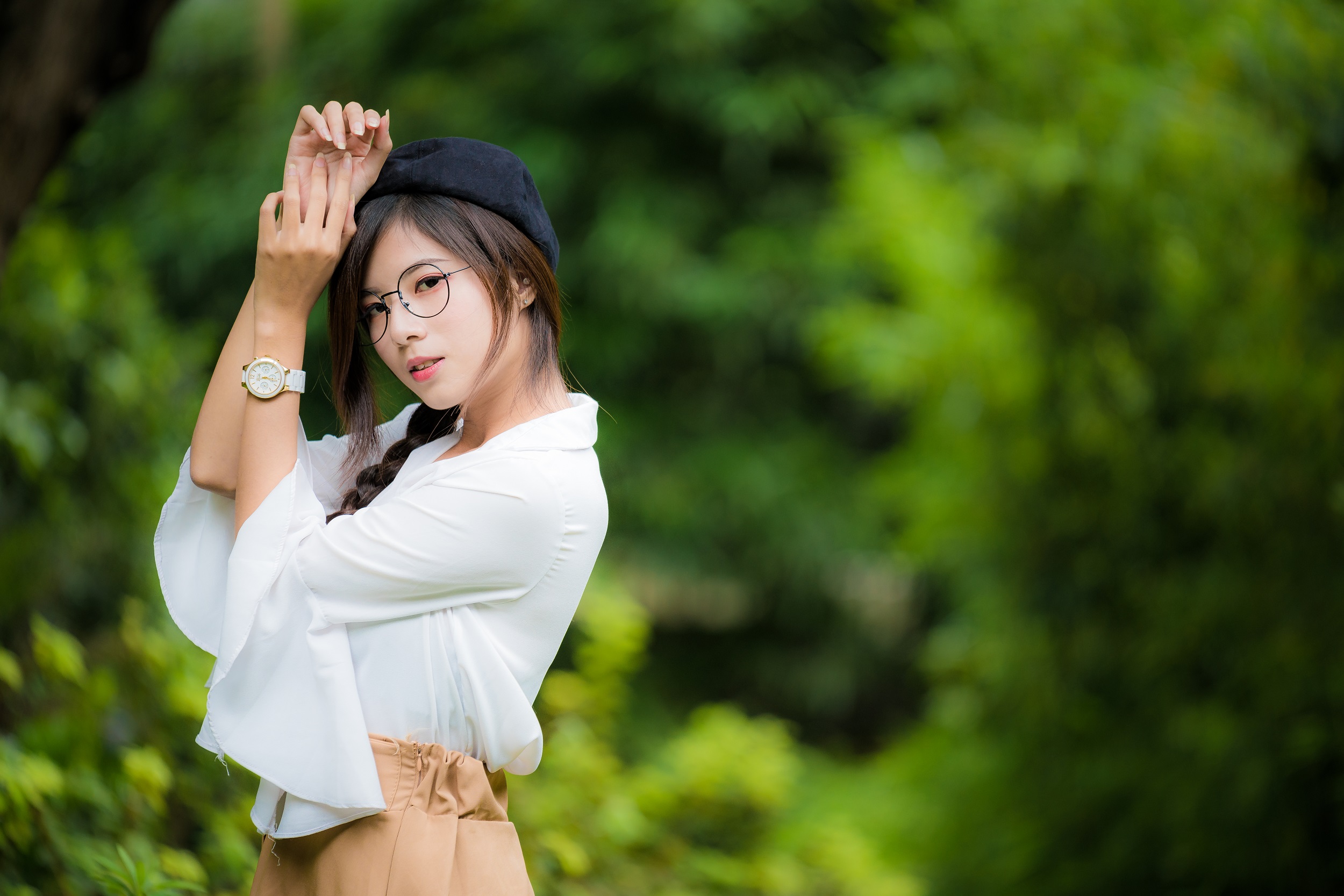 Women Model Asian Looking At Viewer Shirt Women With Glasses Glasses Watches Berets Brunette Women O 2500x1667