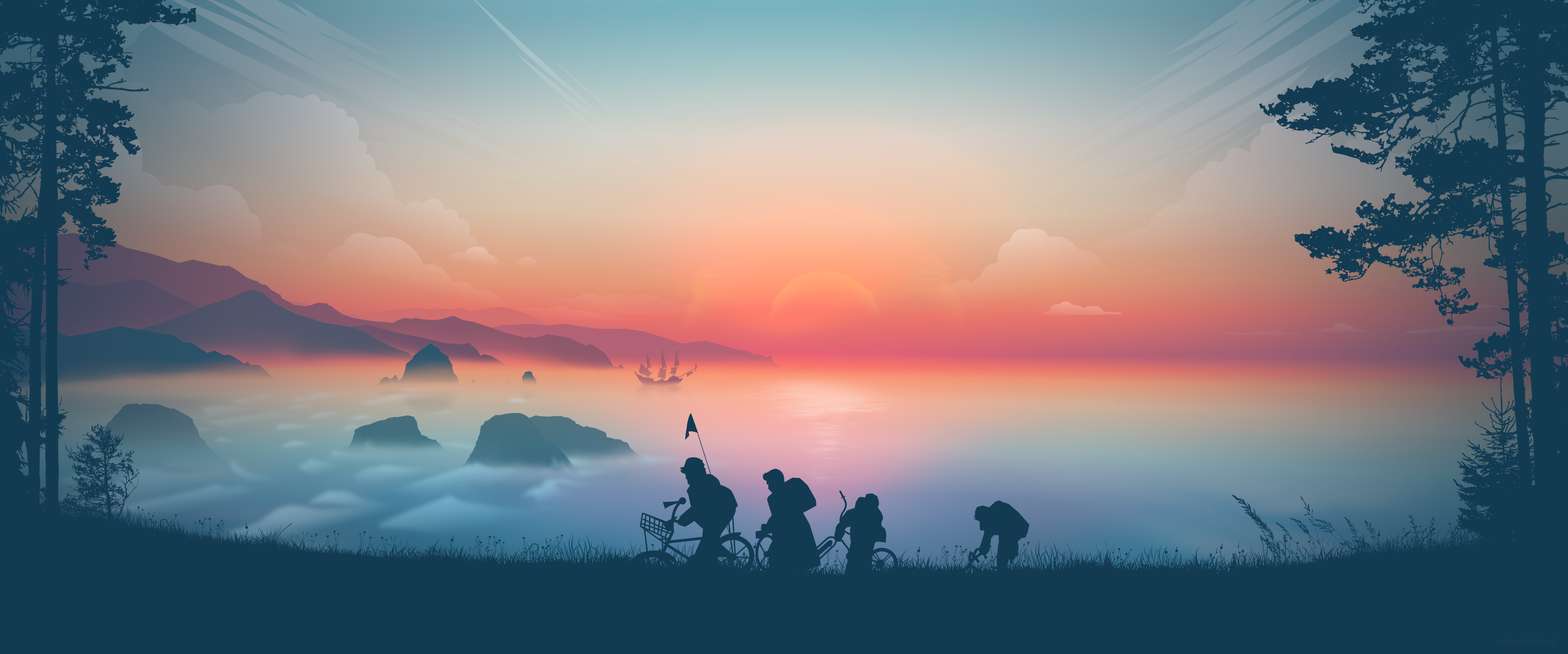 Artwork Digital Art The Goonies Sunset Clouds Mist Pirate Ship Trees Gradient Illustration Landscape 4637x1935