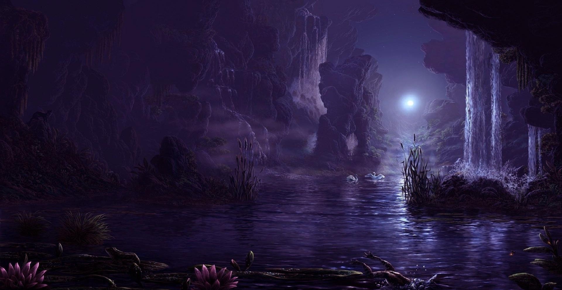 Artwork Digital Art Nature Environment Night Moon Water Moonlight Swamp Swans Purple 1920x992