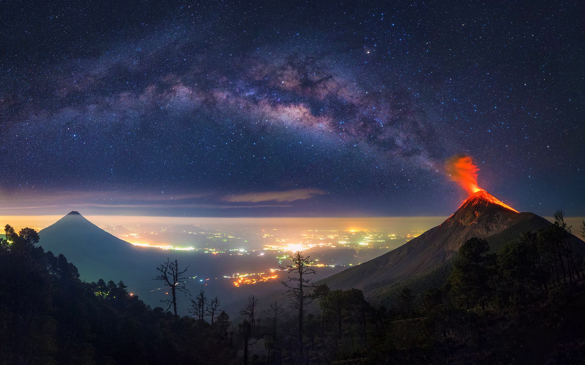 Volcano Milky Way Guatemala Nature Space Horizon Landscape 1920x1200