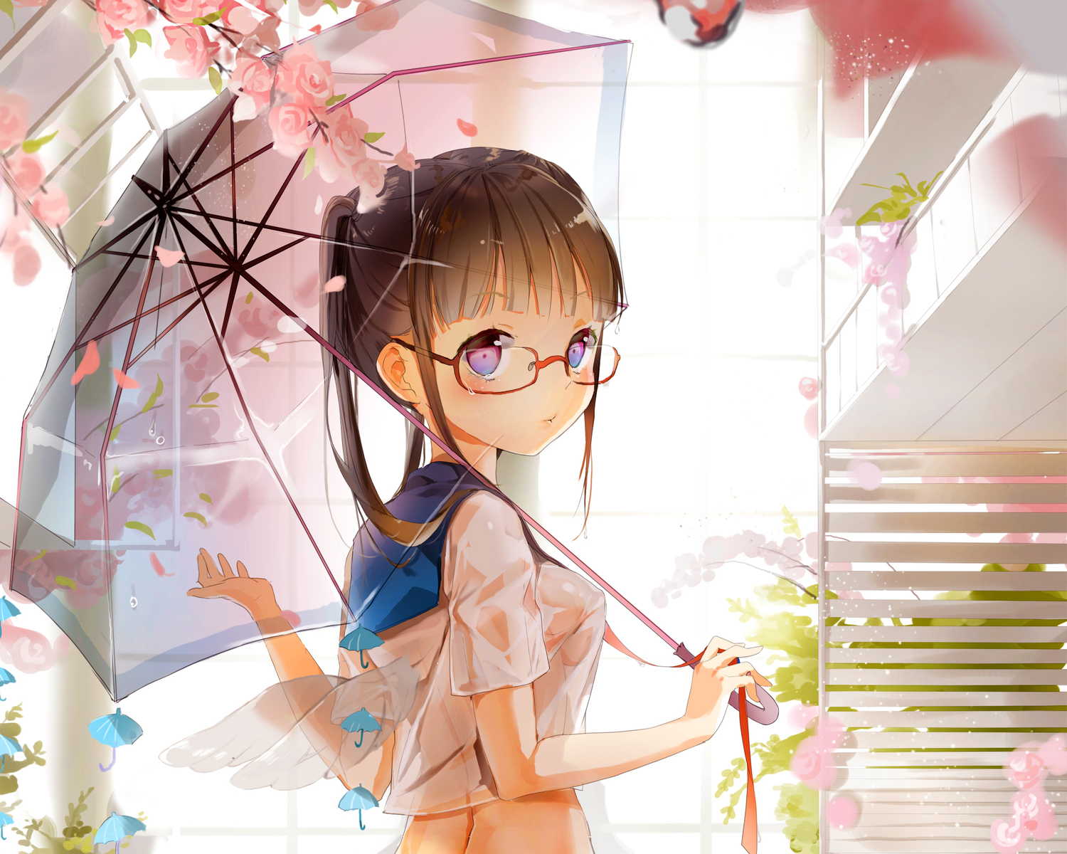 Anmi Umbrella Glasses Wet Flowers Petals Pink Eyes 1500x1200