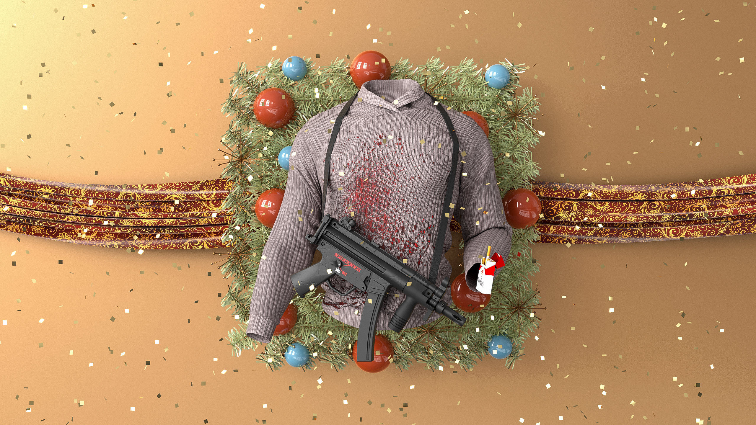 Christmas Sweater Marlboro Heckler Koch Confetti Movies Plants Balls 3D CGi Digital Art Concept Art  2560x1440