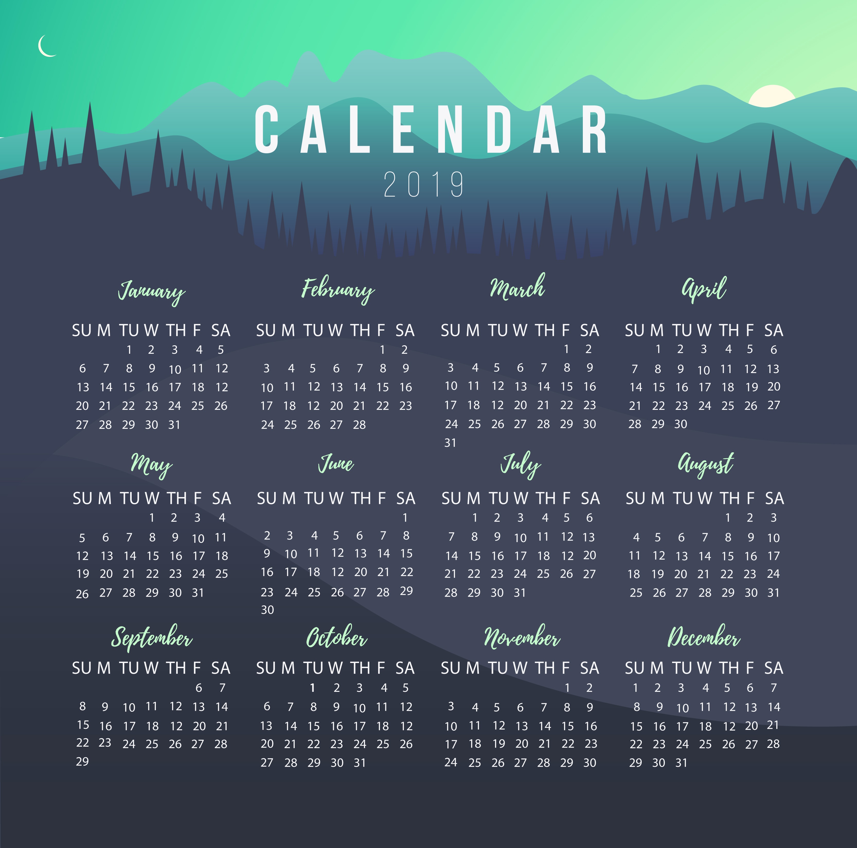 Calendar Month Numbers Digital Art Minimalism Mountains Trees Moon Hills Vector 3332x3296