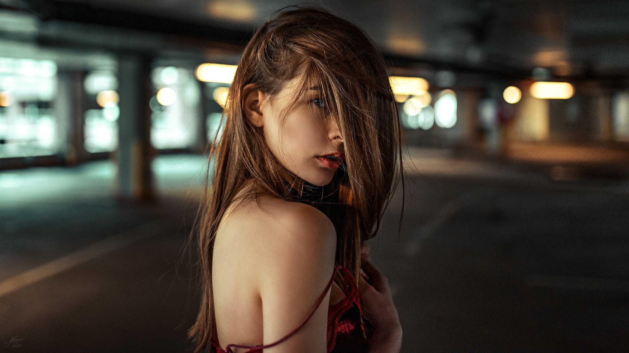 Women Brunette Hair In Face Blue Eyes Bare Shoulders Portrait Face Bokeh Parking Lot Yuriy Lyamin Pa 2048x1152