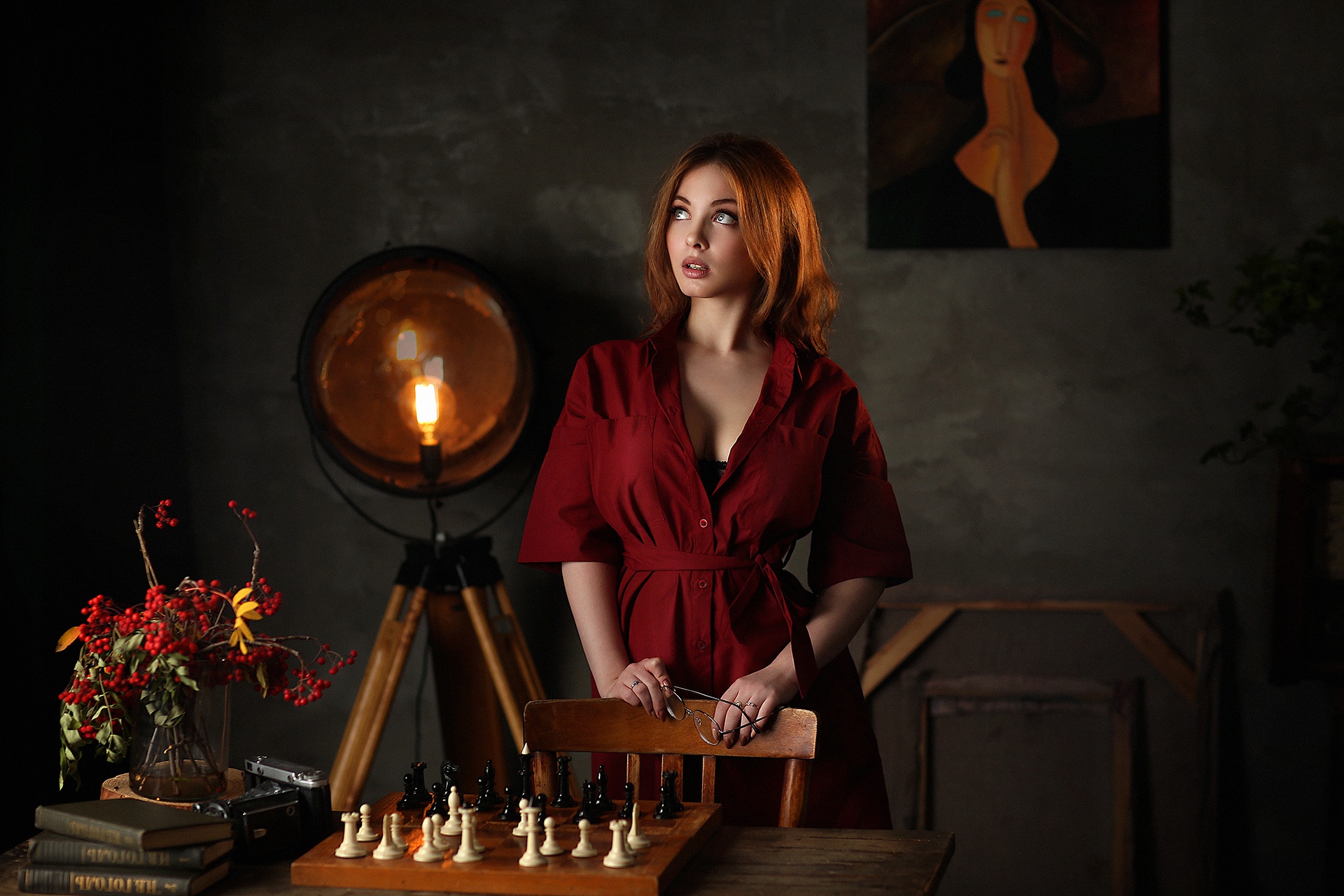 Women Indoors Women Model Dmitry Arhar Glasses Chess Elena Looking Up Red Clothing 1920x1280